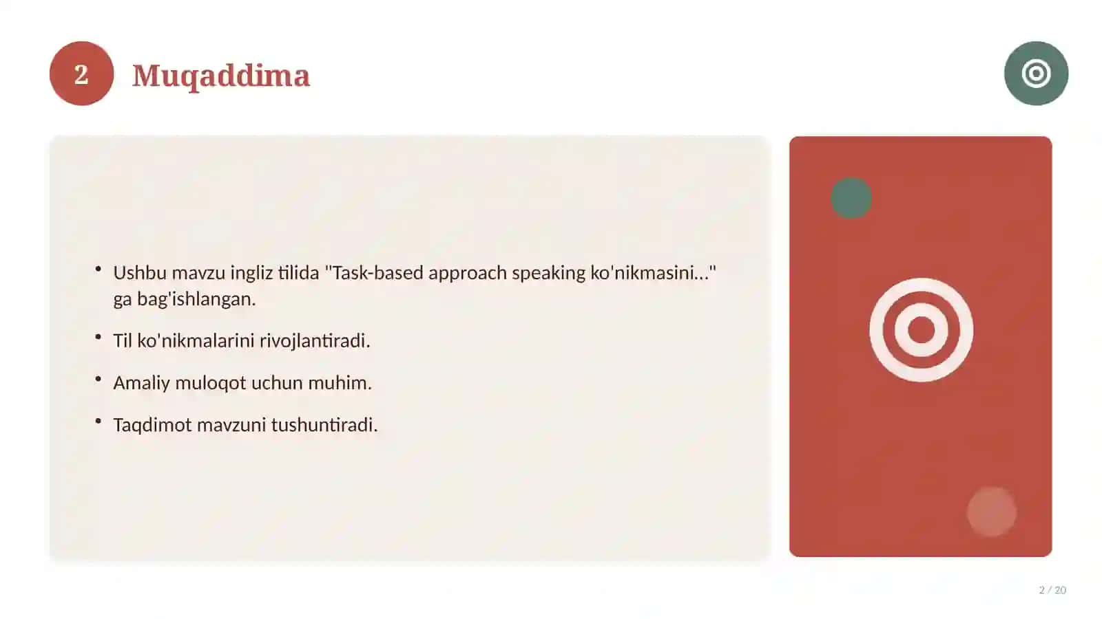 Task-based approach speaking ko'nikmasini rivojlantirishda 2