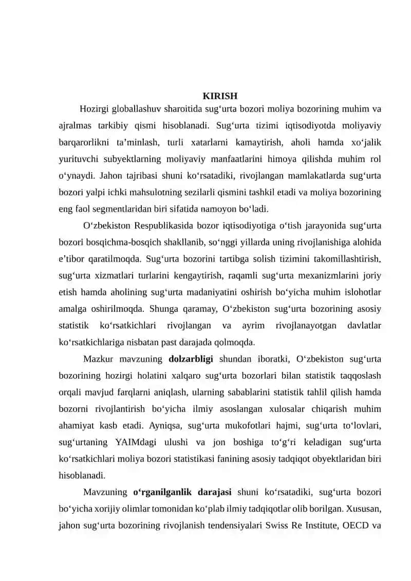 O‘ZBEKISTON SUG‘URTA BOZORINING NAZARIY VA STATISTIK ASOSLARI 2