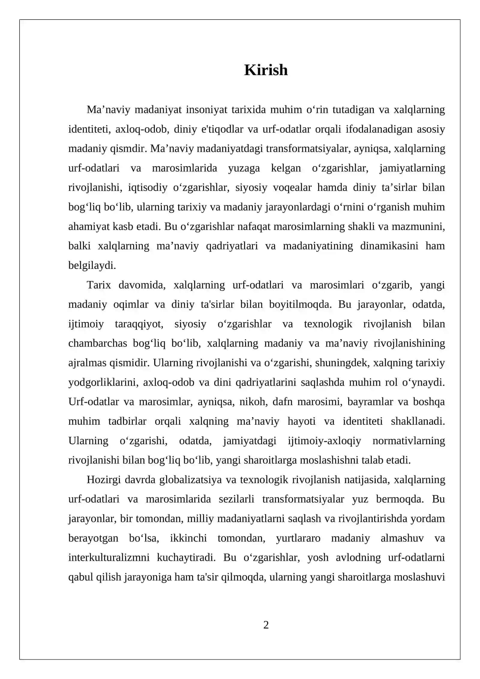 MA’NAVIY MADANIYATDAGI TRANSFORMATSIYALAR (XALQLARNING URF-OFATLARI VA MAROSIMLARIDA RO‘Y BERGAN O‘ZGARISHLAR) 2