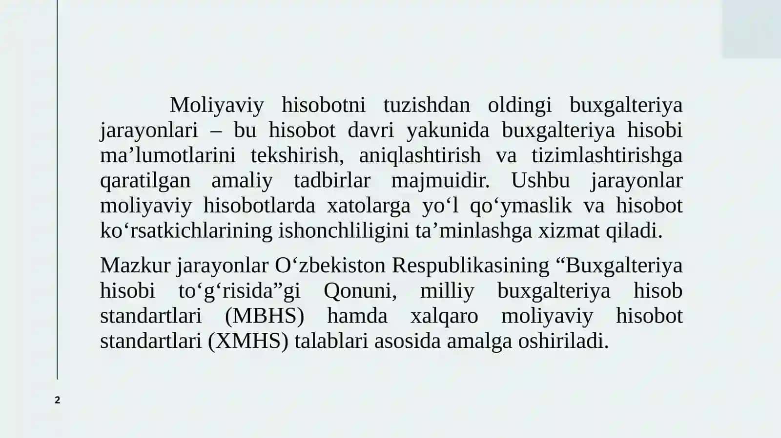 MOLIYAVIY HISOBOTNI TUZISHDAN OLDINGI BUXGALTERIYA JARAYONLARI 2