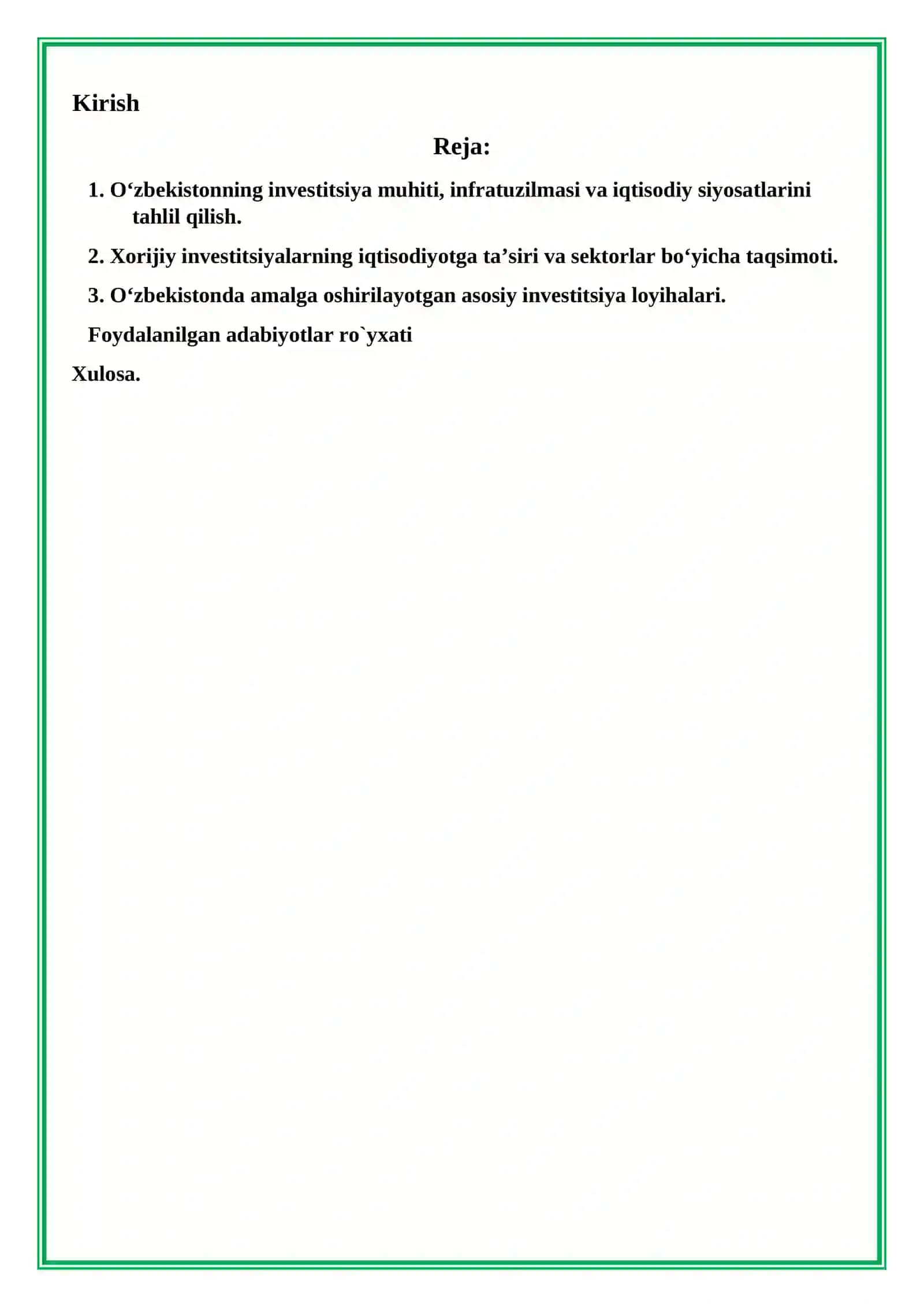O`zbekistonga kirtilayotgan investitsiyalar 2