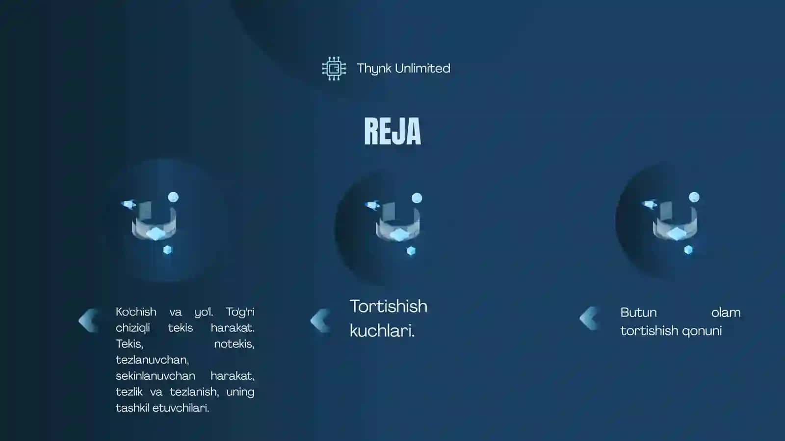 KO'CHISH VA YO'L. TO'G'RI CHIZIQLI TEKIS HARAKAT. TEKIS, NOTEKIS, TEZLANUVCHAN, SEKINLANUVCHAN HARAKAT, TEZLIK VA TEZLANISH, UNING TASHKIL ETUVCHILARI 2