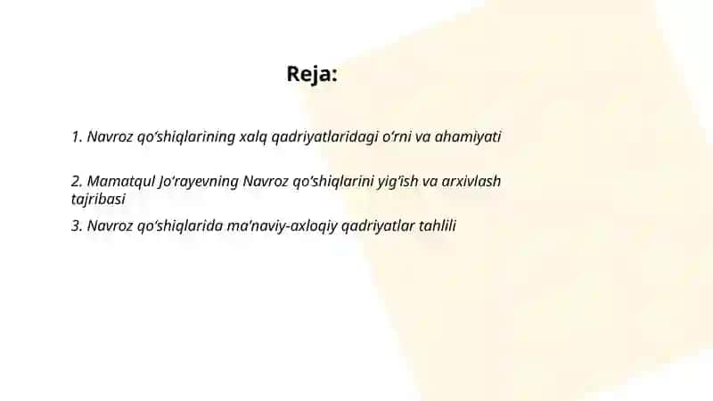 Navroz qoʻshiqlari va Mamatqul Joʻrayev ilmiy merosini oʻrganish 2