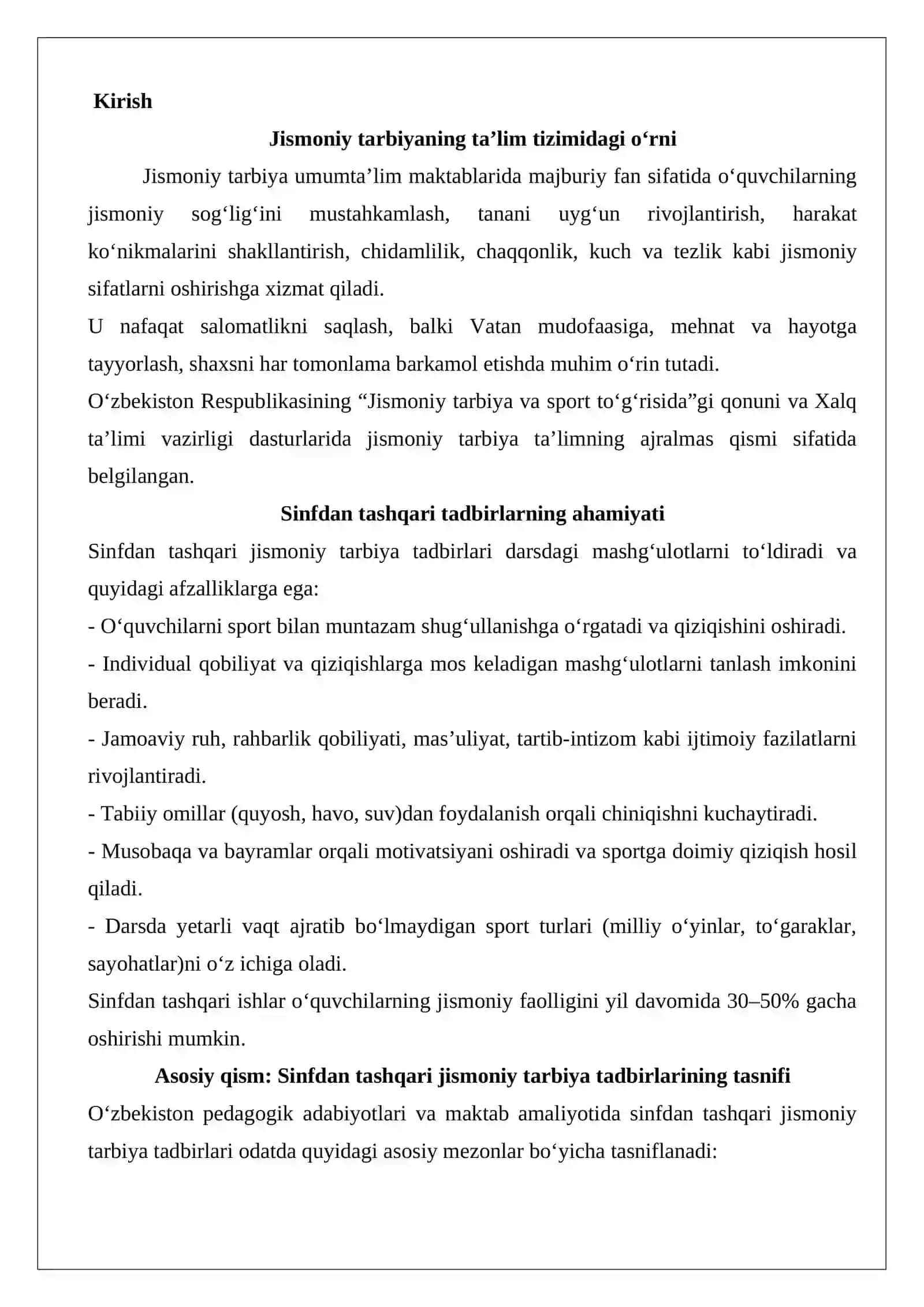 Sinfdan tashqari olib boriladigan jismoniy tarbiya tadbirlariga tasnif 2