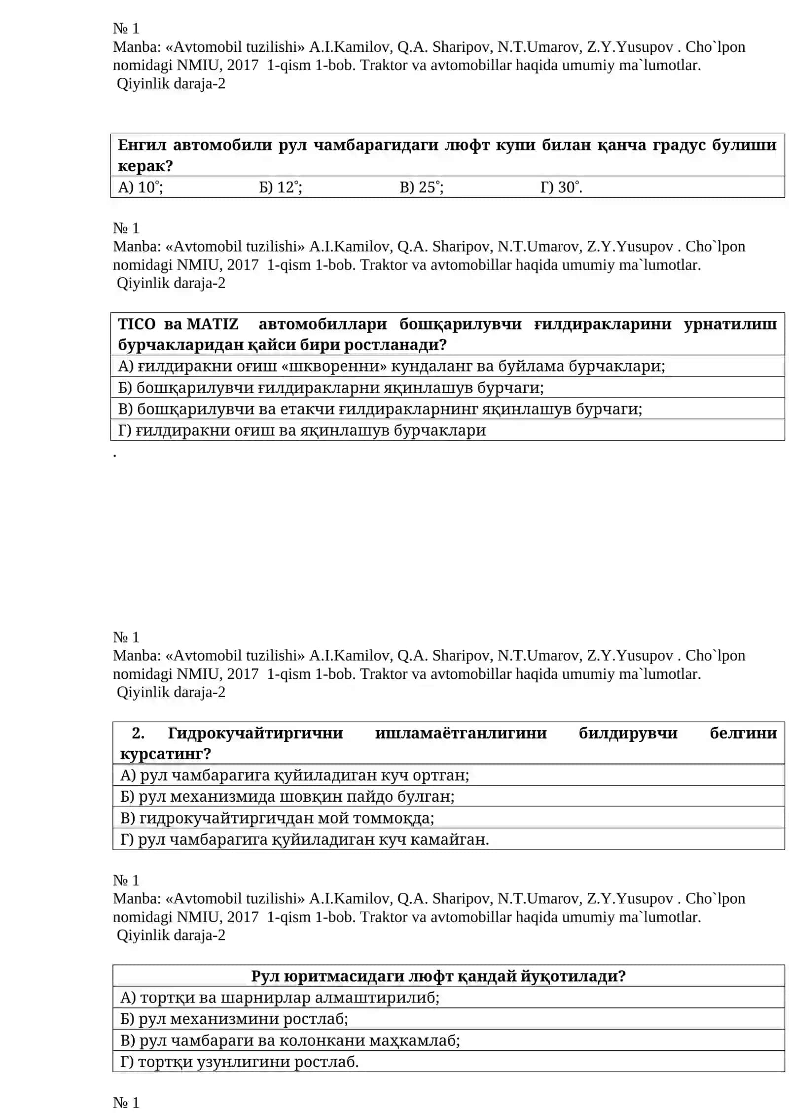Avtomobil tuzilishi fanidan testlar 2