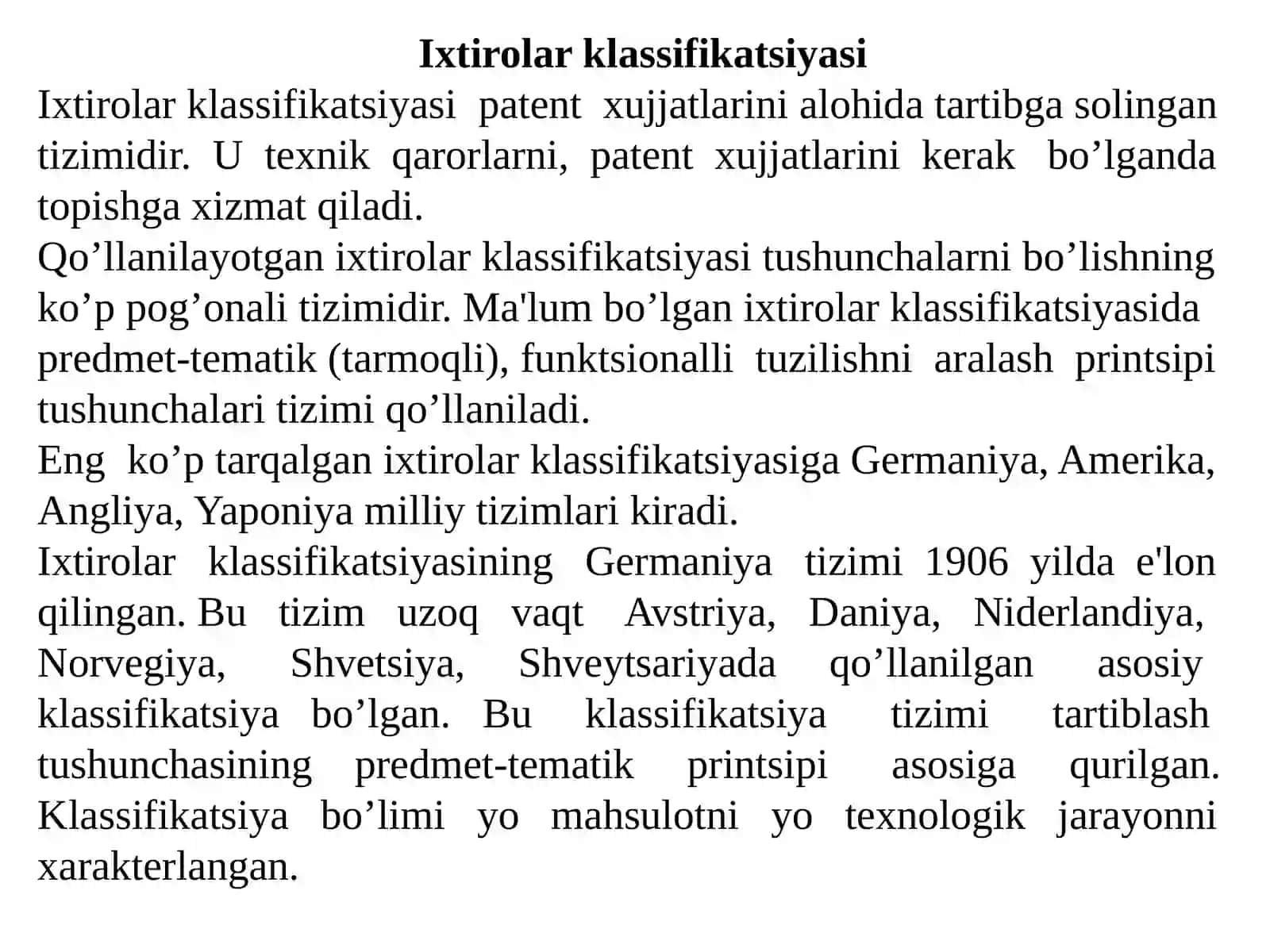 Ixtirolarning klassifikatsiyasi. Patentlashma'lumotlari 2