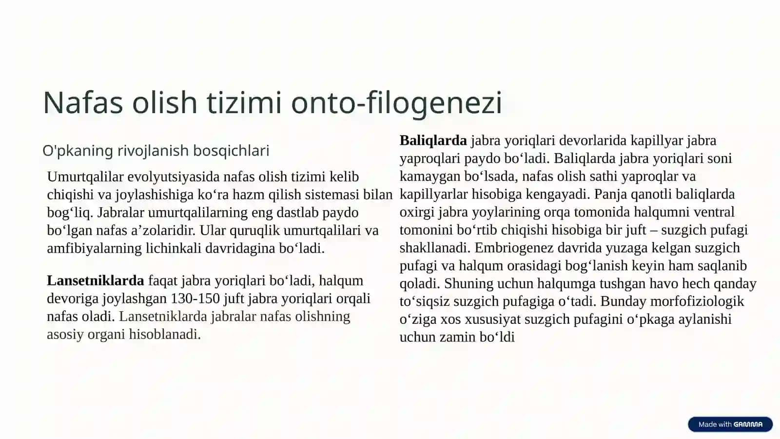 Nafas olish va Jinsiy Tizim Onto-Filogenezi 2