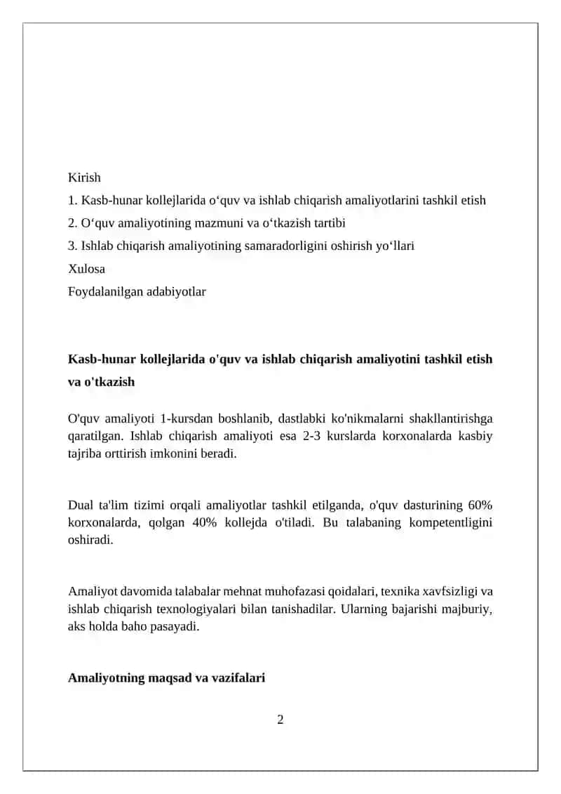 Kasb hunar kollejlarida oʻquv, ishlab chiqarish amaliyotlarni tashkil etish va oʻtkazish 2