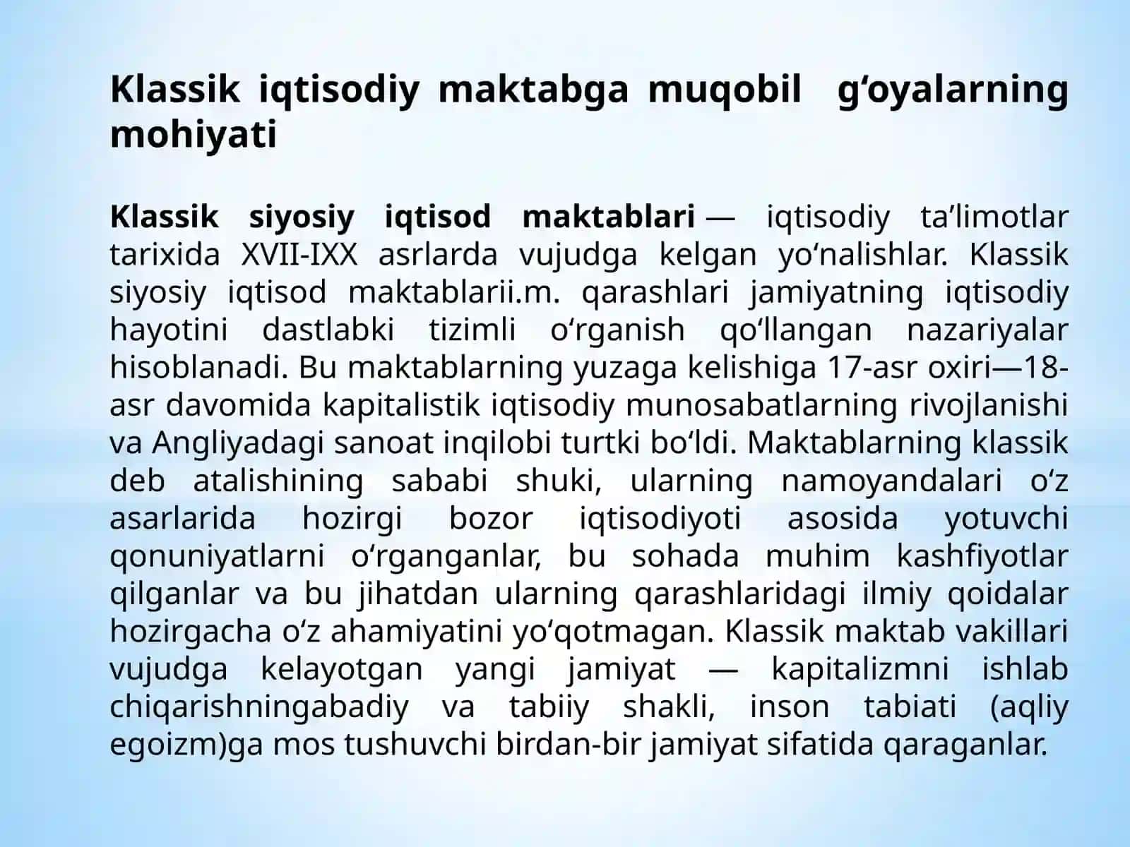 Klassik iqtisodiy maktabga muqobil g‘oyalarning mohiyati ALIYEV SHUKURULLO 2