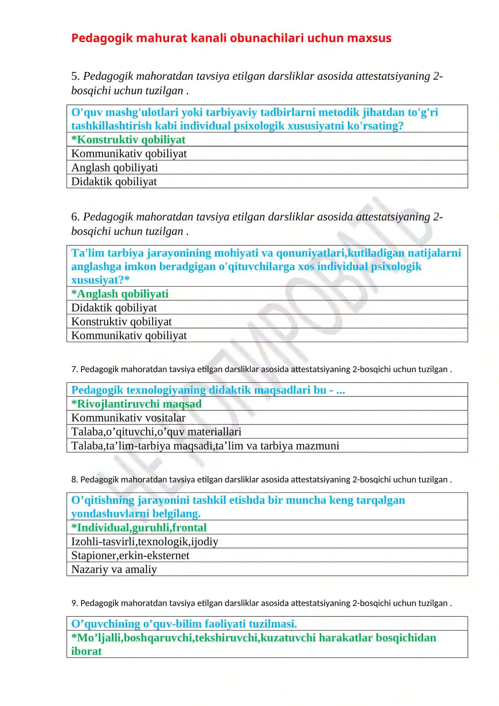 Pedagogik mahuratdan testlar 2