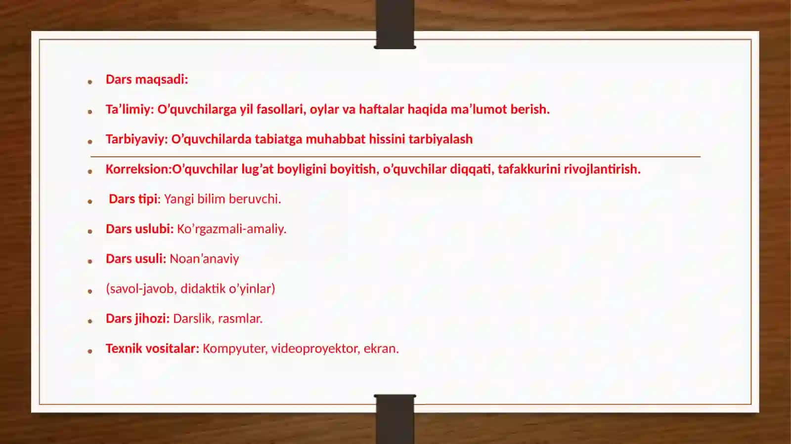 Yil fasllari. Oylar va haftalar 2