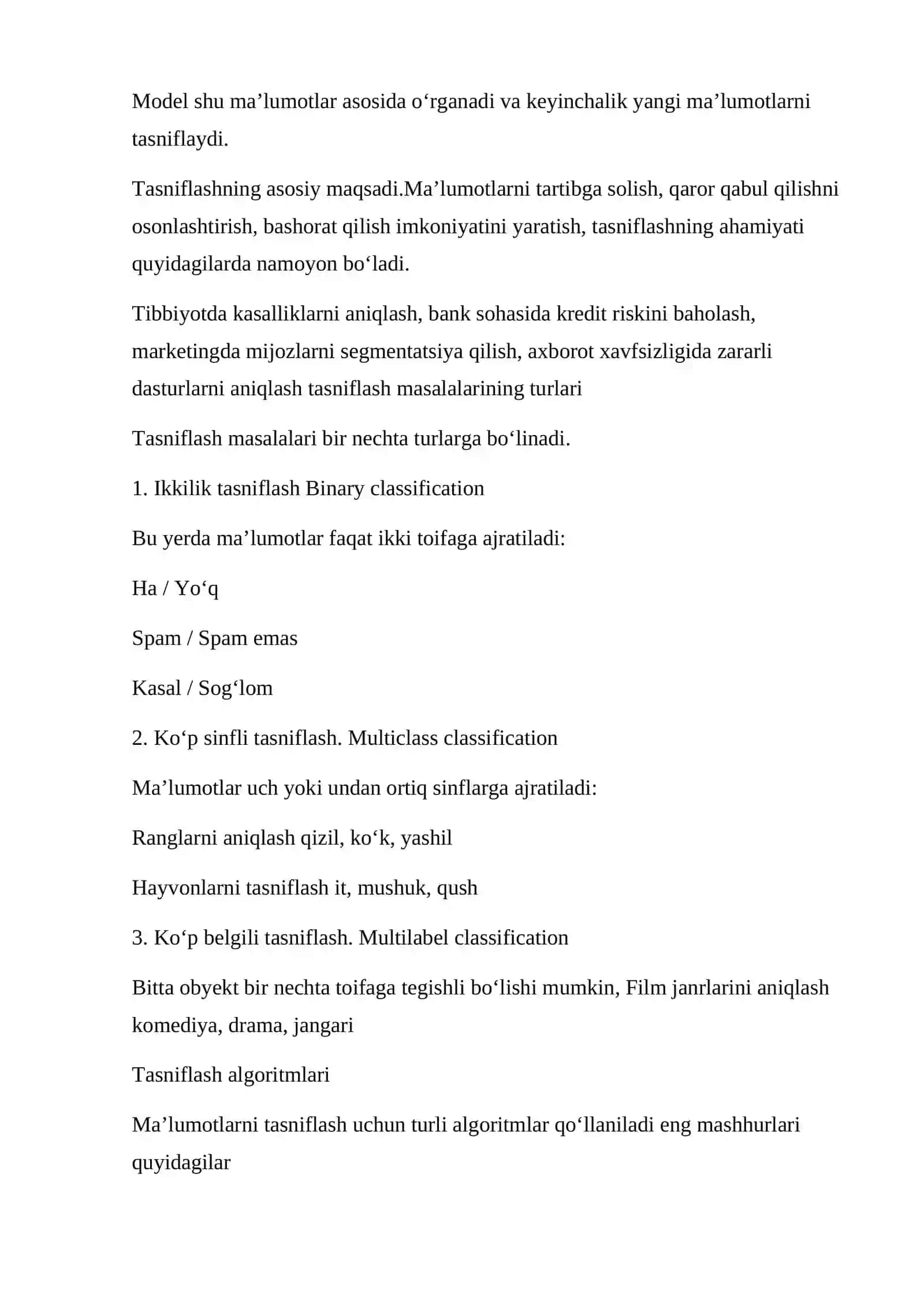 Ma’lumotlar tahlilida tasniflash masalalari 2