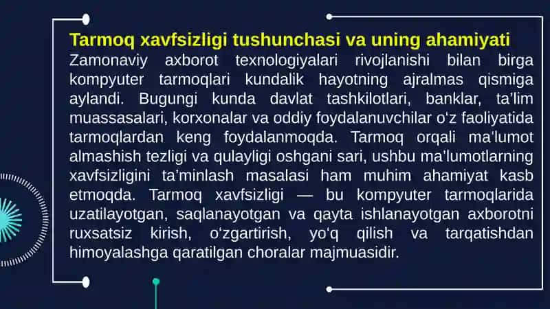 Tarmoqxavsizligi asoslari va tahdidlari turlari 2