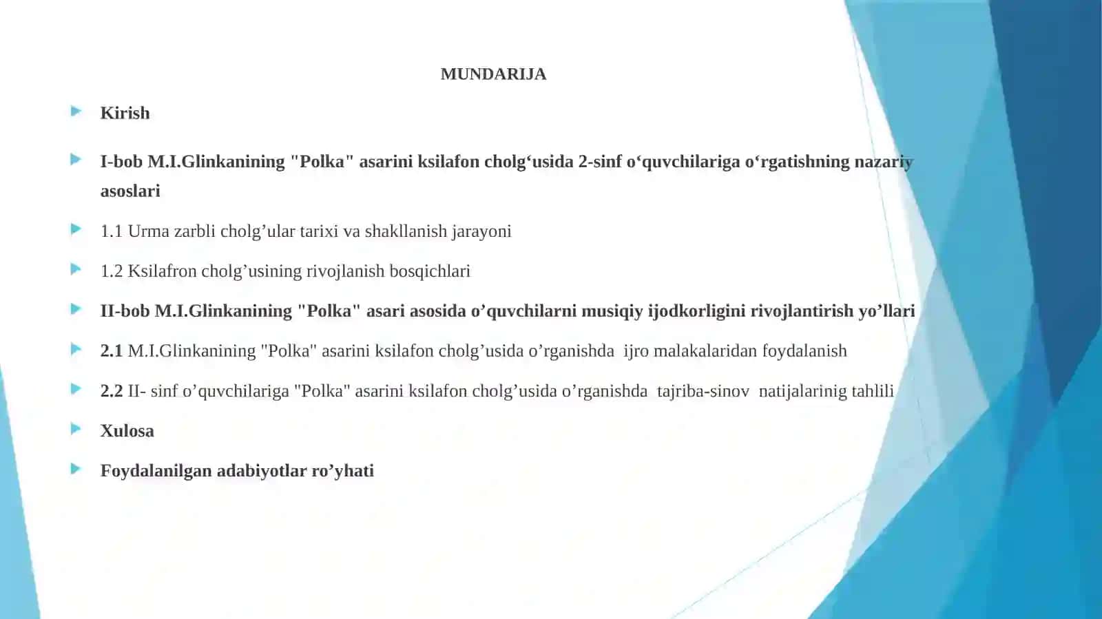 Mixail Glinkanining "Polka" asarini ksilafon cholg‘usida 2-sinf o‘quvchilariga o‘rgatish uslubi 2