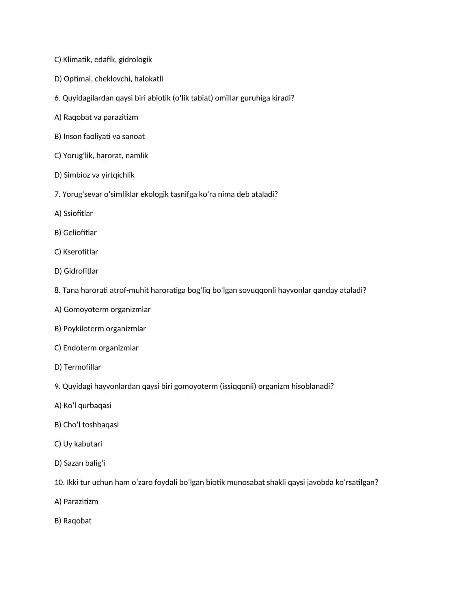 Ekologik omillar. Organizmlarning moslashishi 2