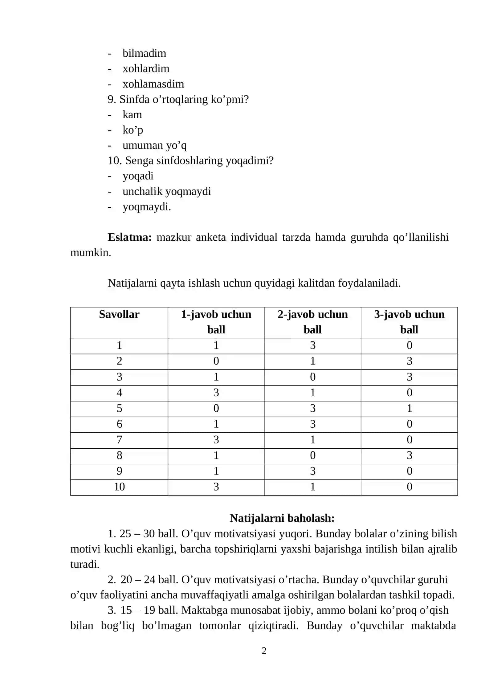 O’quv motivini baholash metodikasi 2