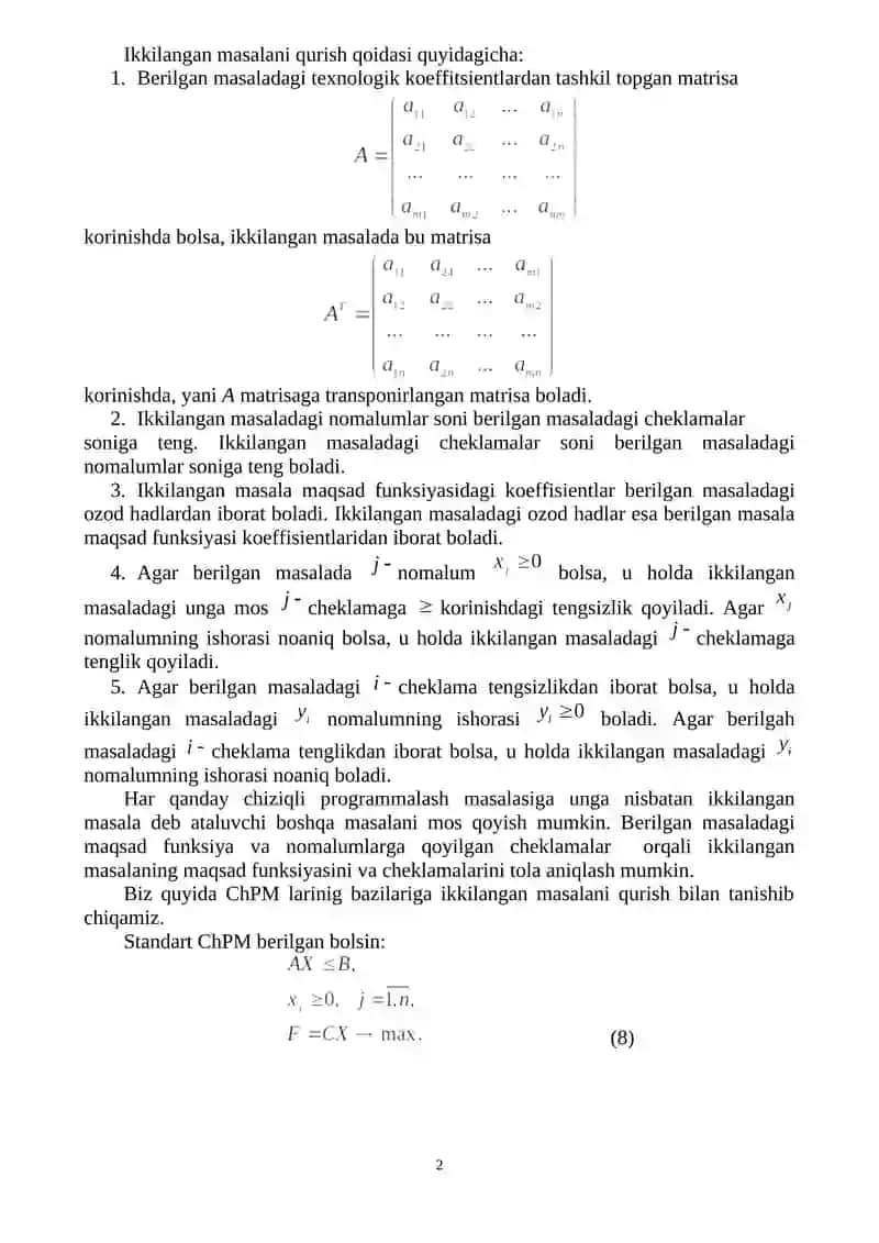 Chiziqli programmalash masalasida ikkilanish nazariyasi 2