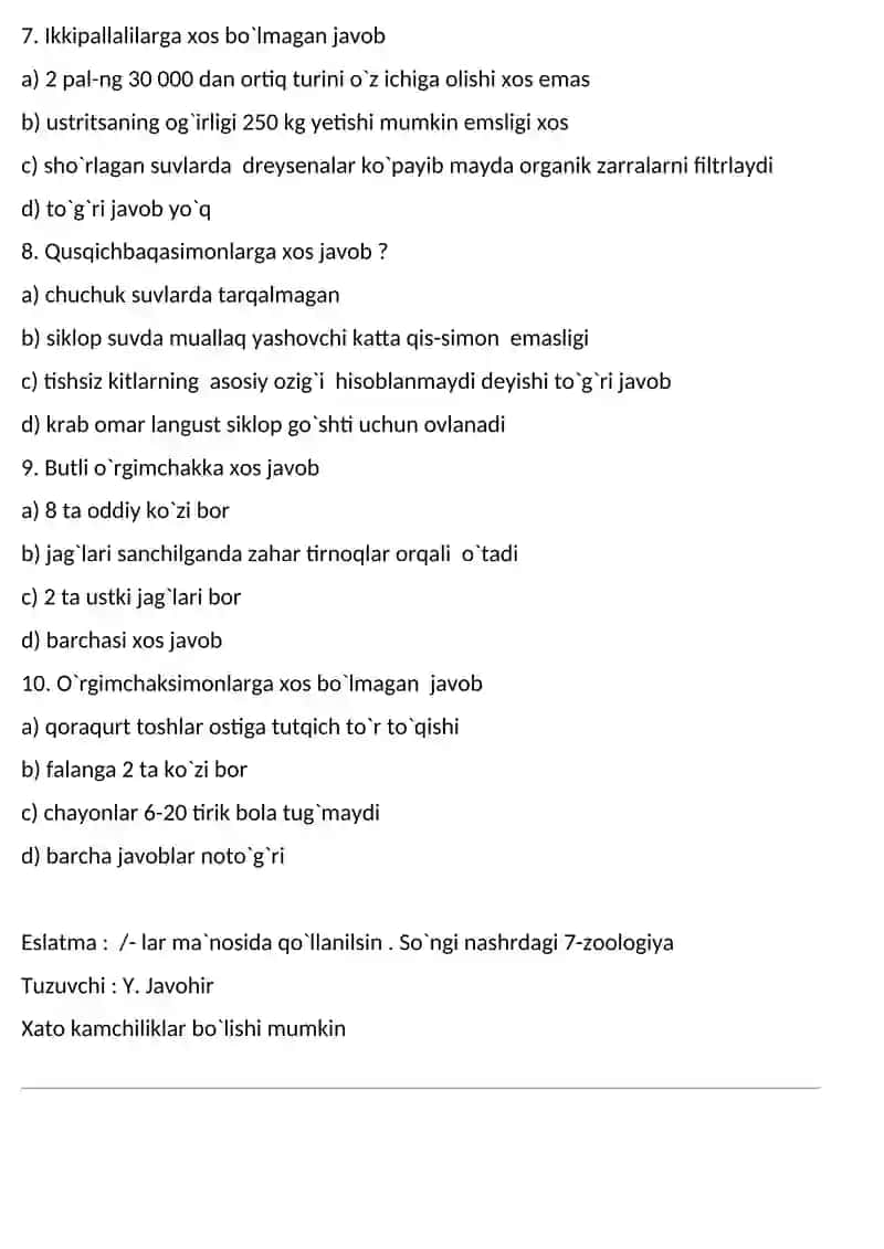 Biologiyadan logik testlar 2