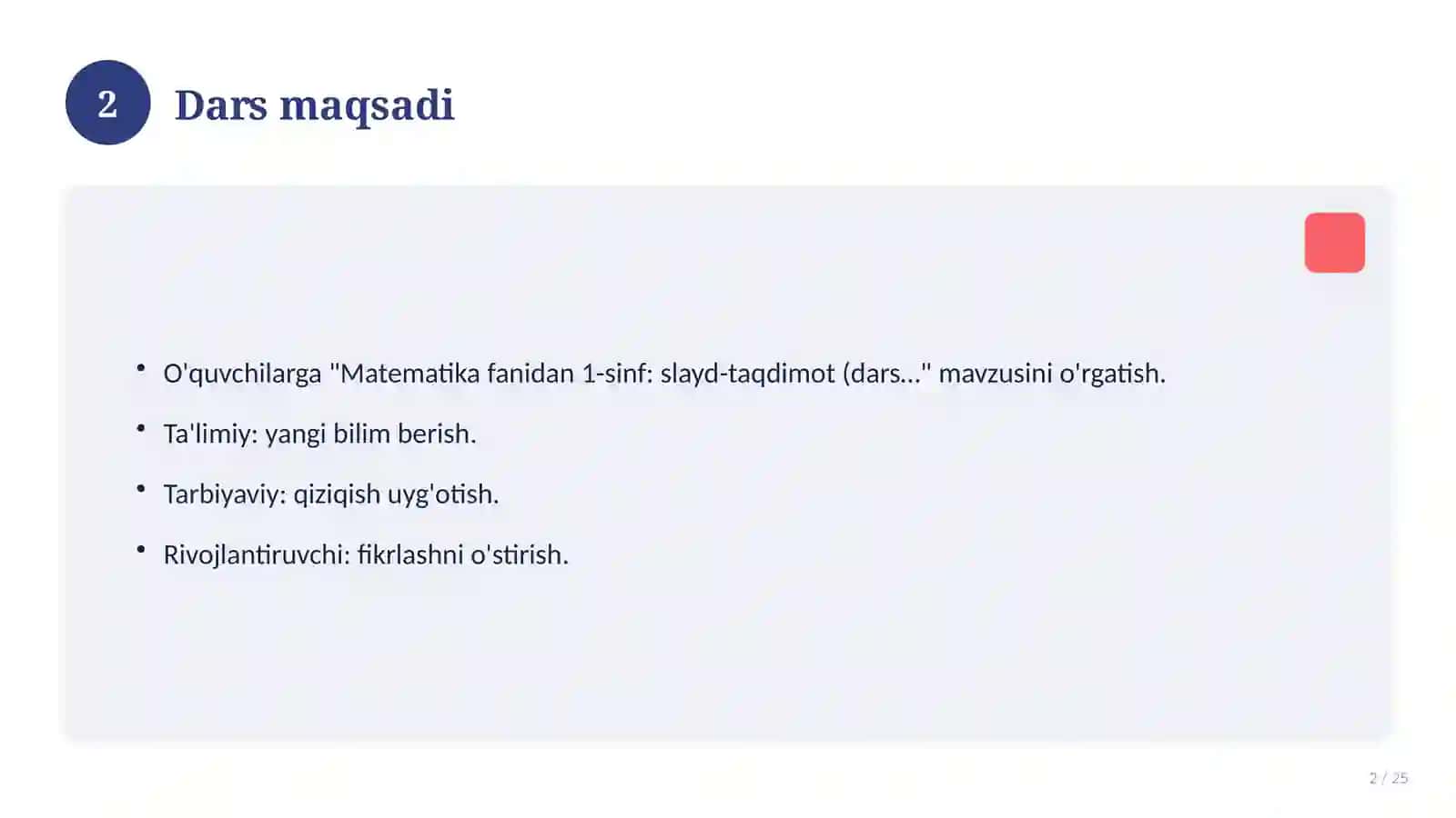 Matematika fanidan 1-sinf: slayd-taqdimot (dars uchun) 2