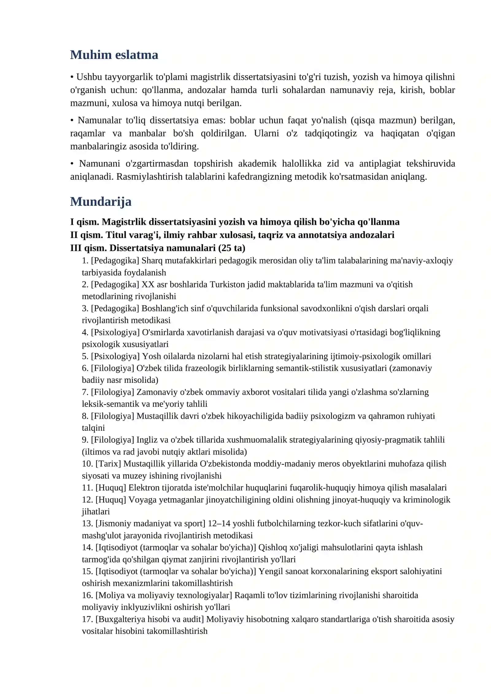 Magistrlik dissertatsiyasi namunalari 2026 word titul varagi himoya nutqi bilan tayyorgarlik toplami 2