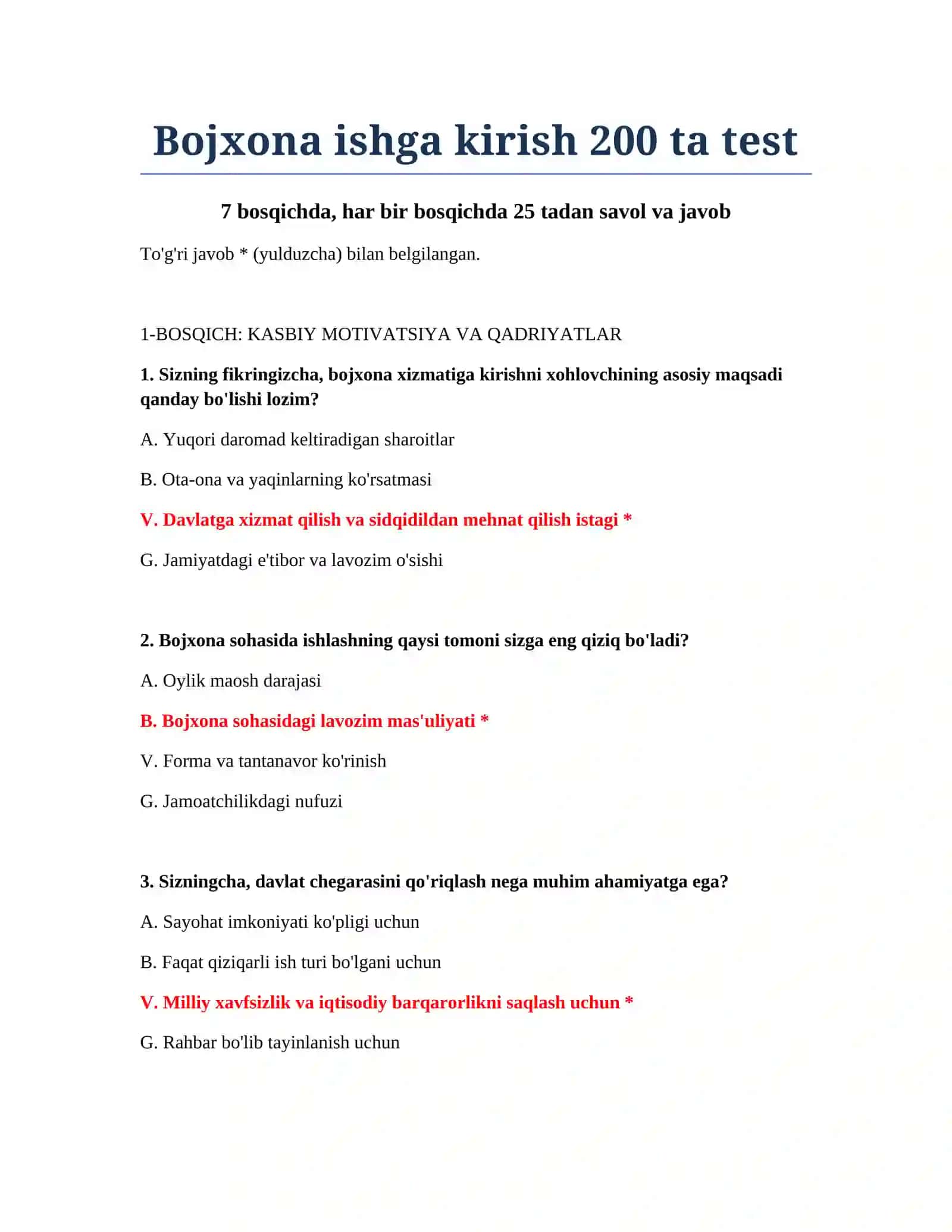 Bojxona ishga kirish 200 ta test 2