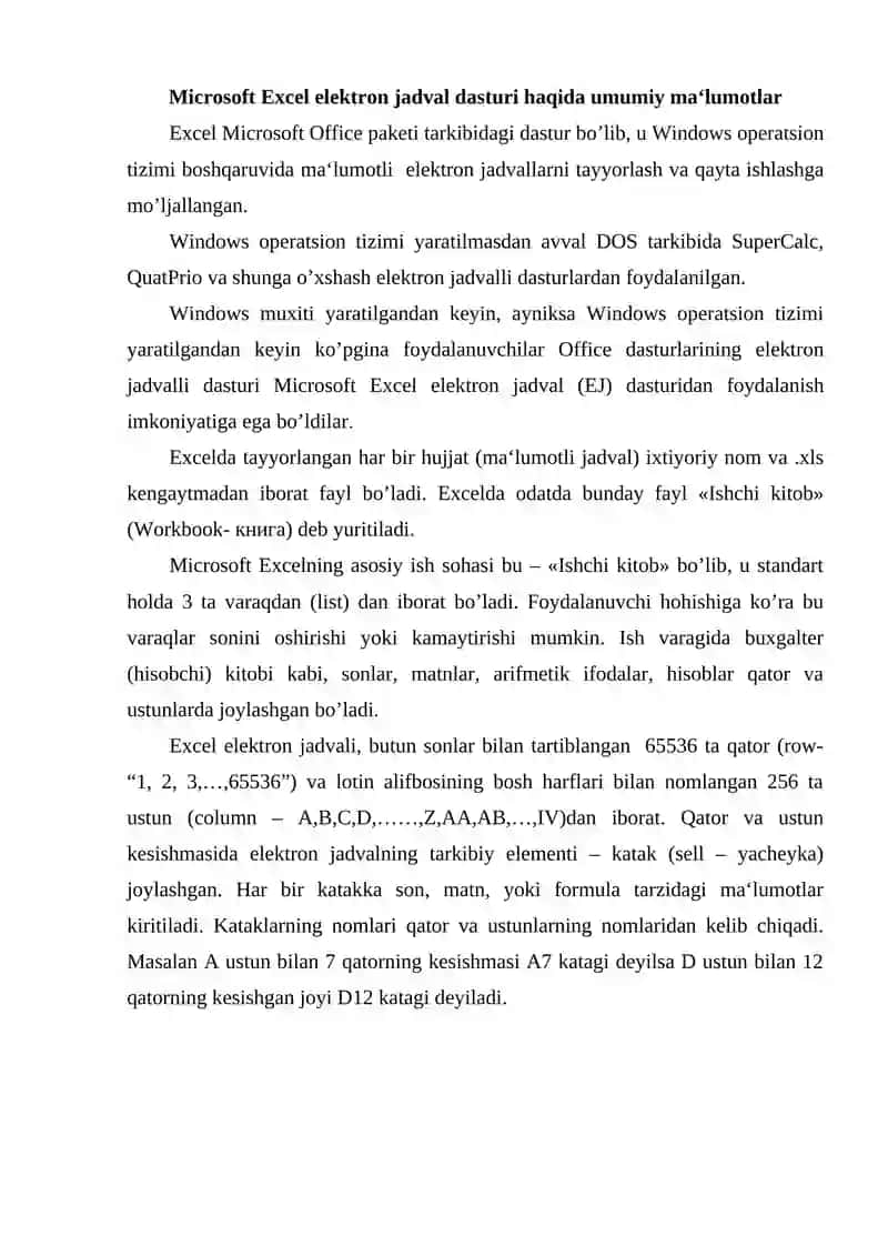Microsoft Excel elektron jadval dasturi haqida umumiy ma‘lumotlar 2