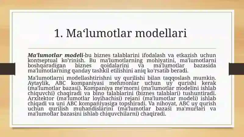 Ma`lumotlar modellari va ma`lumotlar bazasi modellari. Ierarxik malumotlar modellari. Tarmoq malumotlar modeli 2