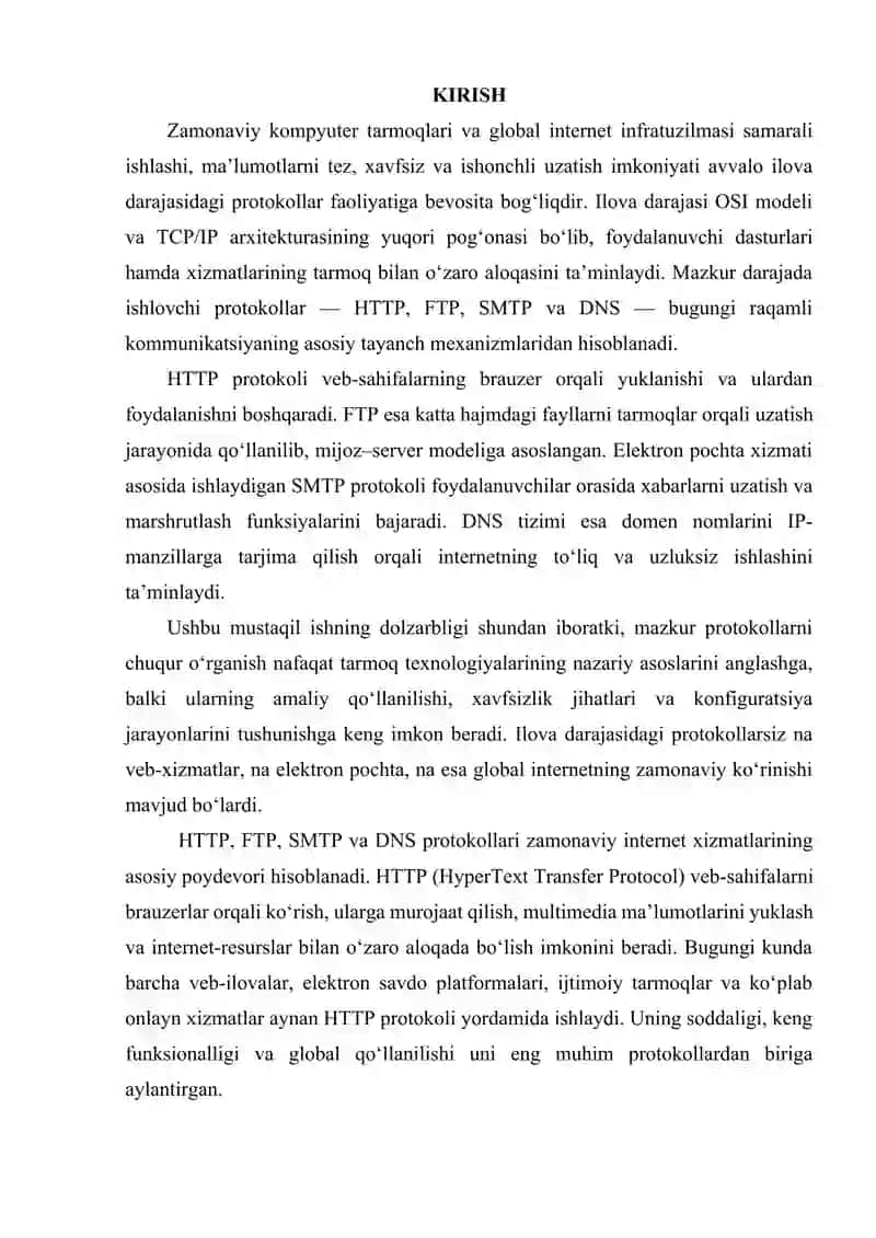 ILOVA DARAJADAGI PROTOKOLLAR: HTTP, FTP, SMTP, DNS 2