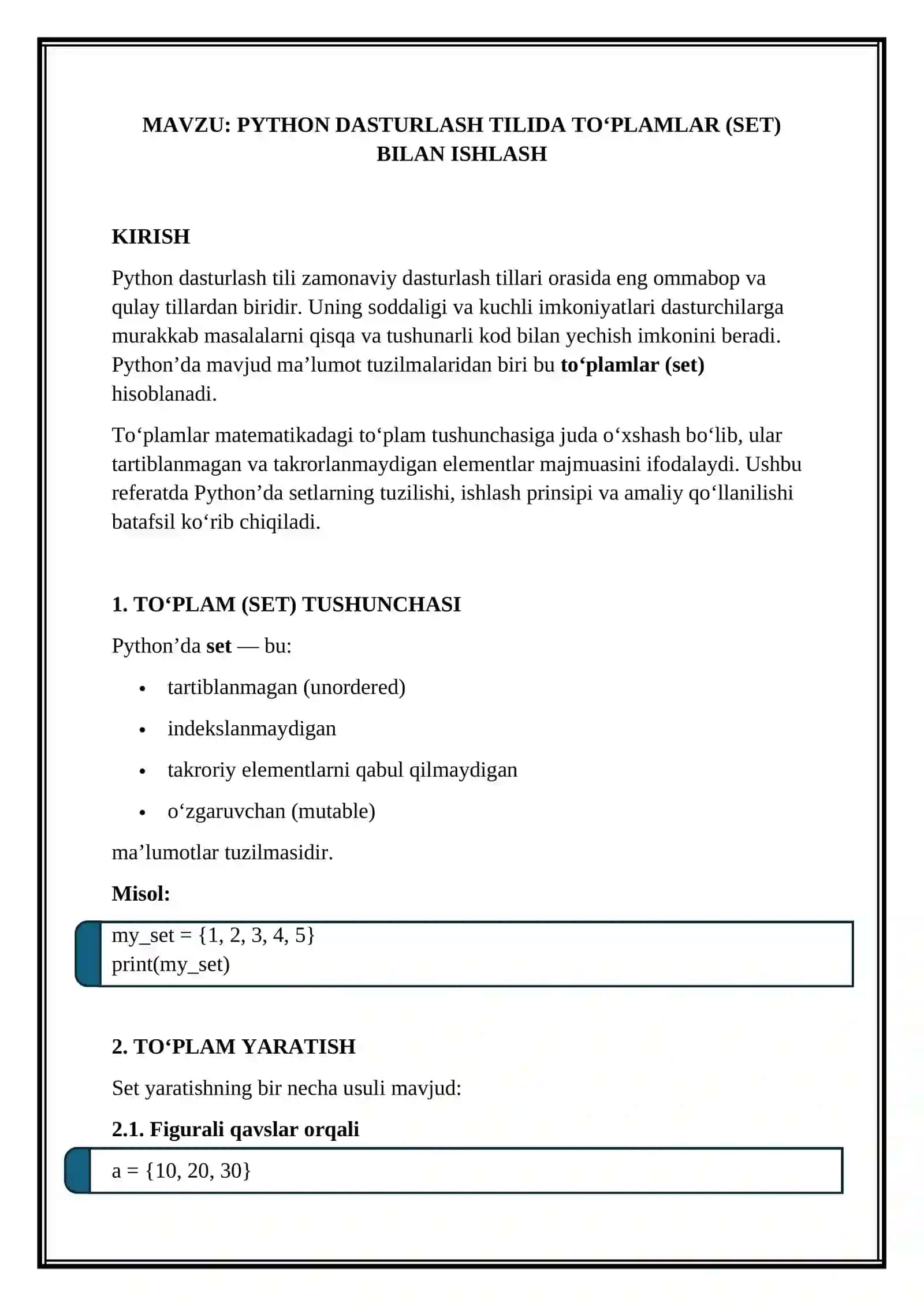 PYTHON DASTURLASH TILIDA TO‘PLAMLAR (SET) BILAN ISHLASH 2