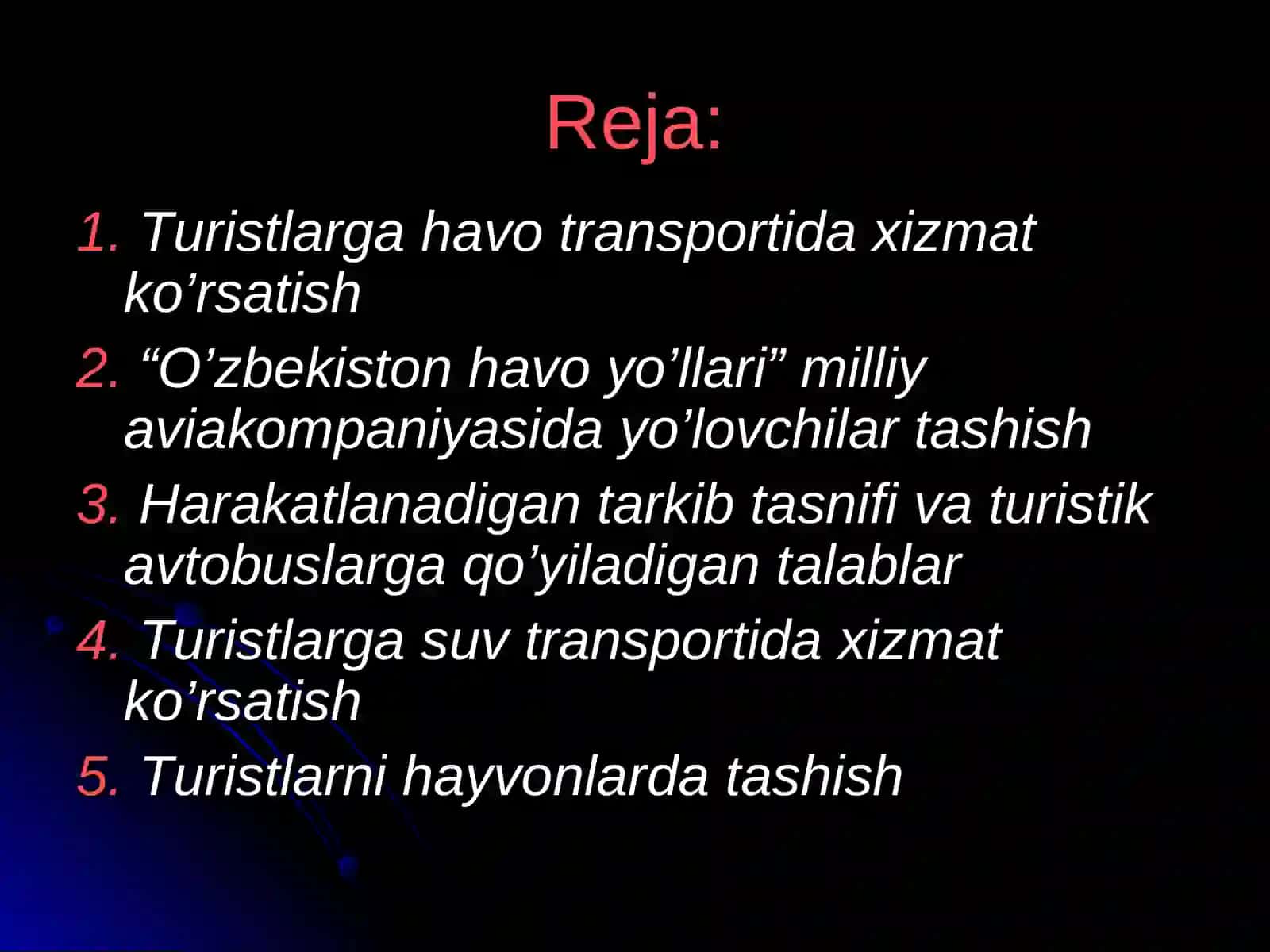 Turizmda transport xizmatlarini tashkil etish 2
