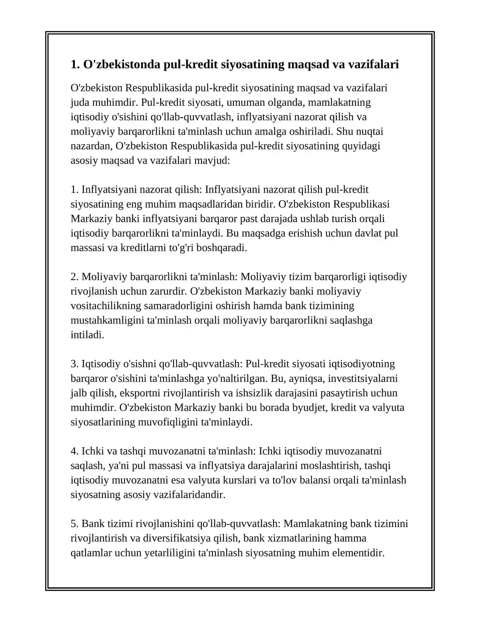 O'ZBEKISTON RESPUBLIKASIDA PUL-KREDIT SIYOSATI 2