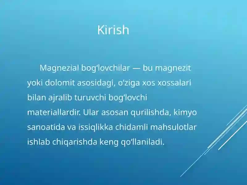 Magnezal bog‘lovchilar xossalari, ishlab chiqarish usullari 2