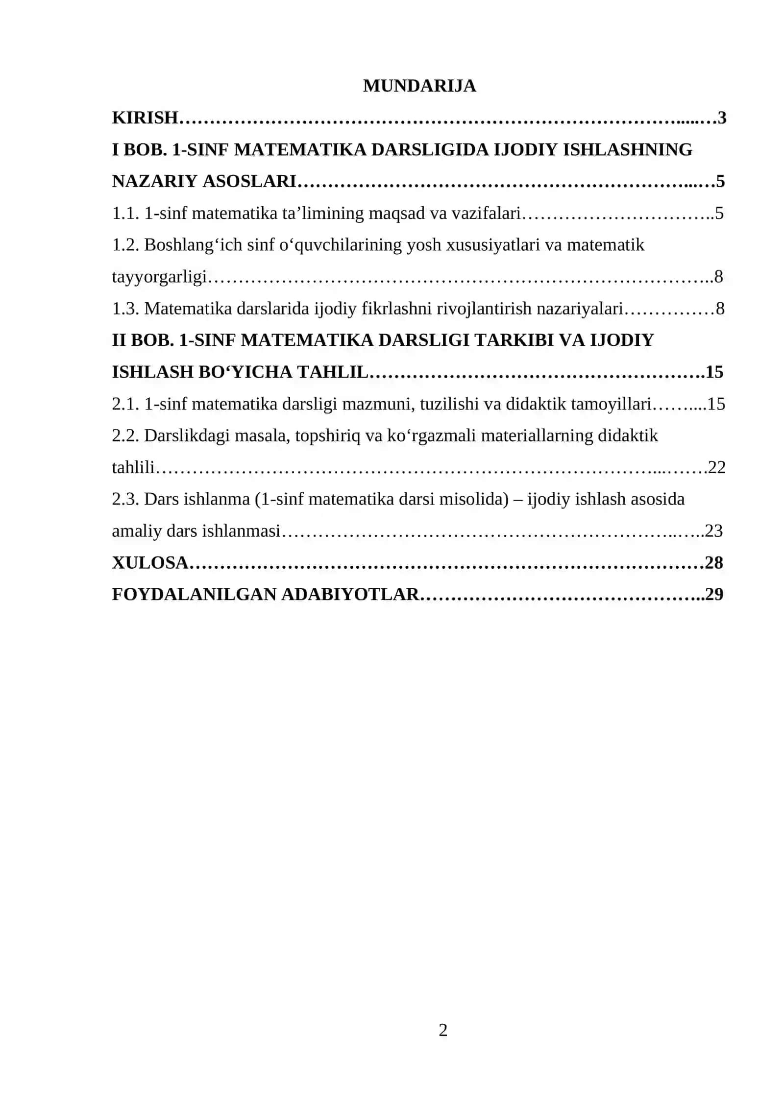 Birinchi Sinf matematika darsligida ijodiy ishlash, darslik tahlini amalga oshirish mavzusida tayyor kurs ishi 2