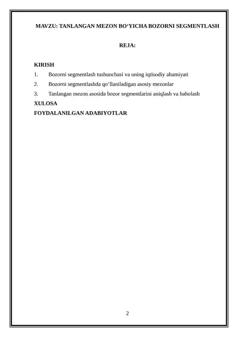 Tanlangan mezon bo‘yicha bozorni segmentlash 2