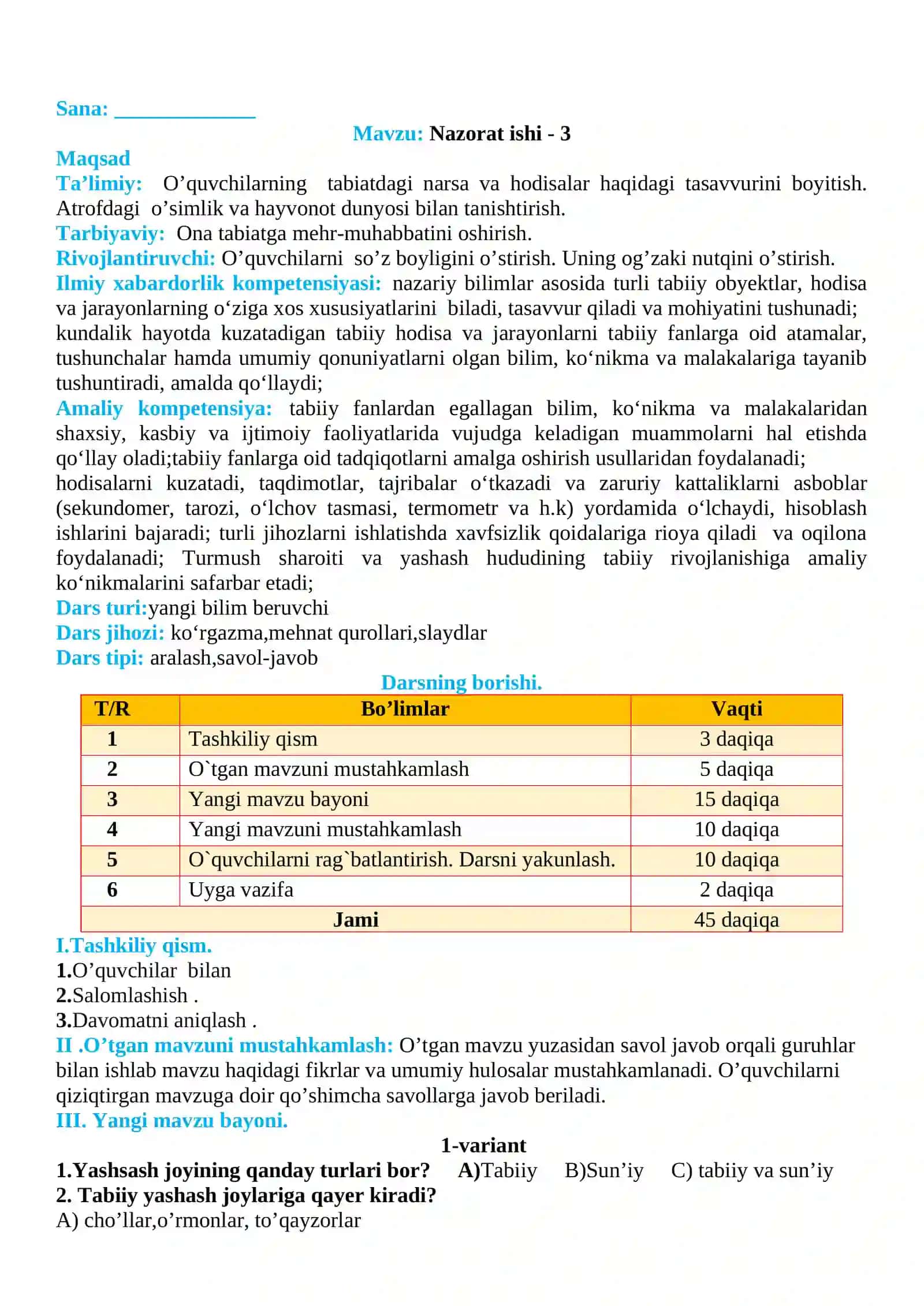 3-sinf Tabiiy fan (Science) 3-Nazorat ishi 2