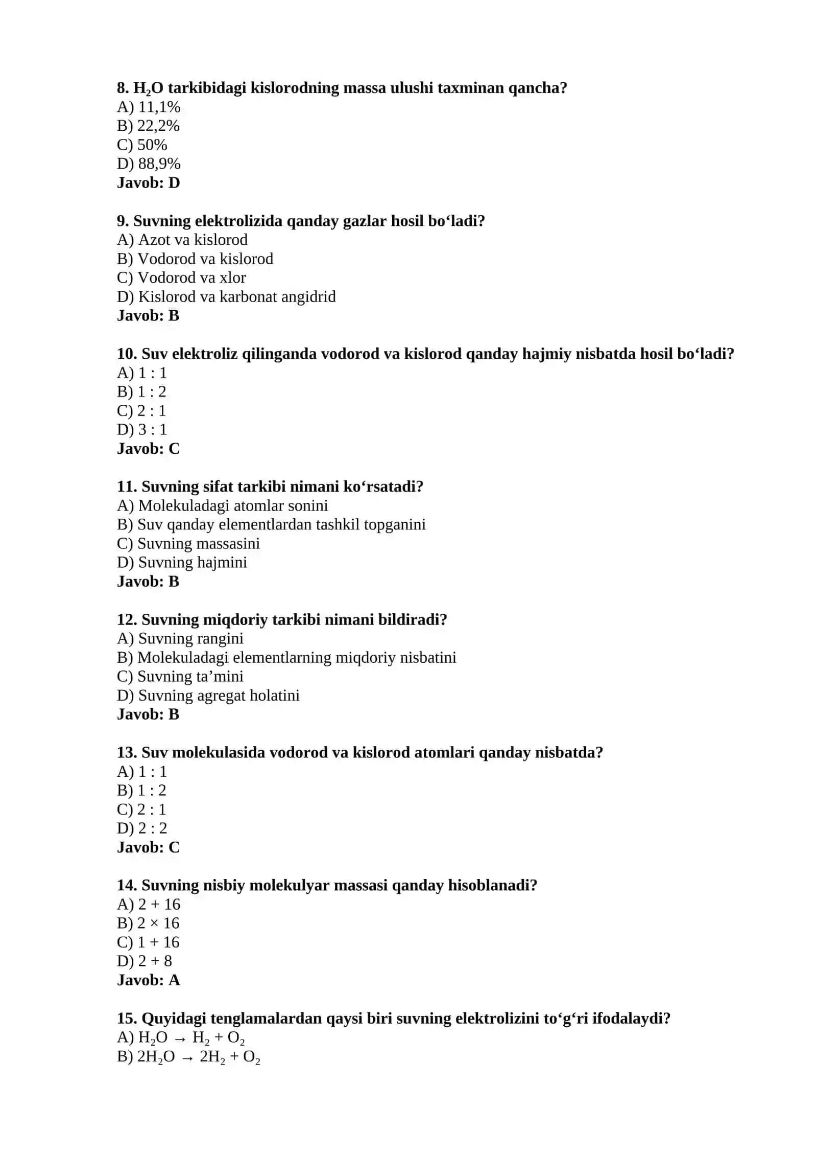 Suv kimyoviy tuzilishi test 2