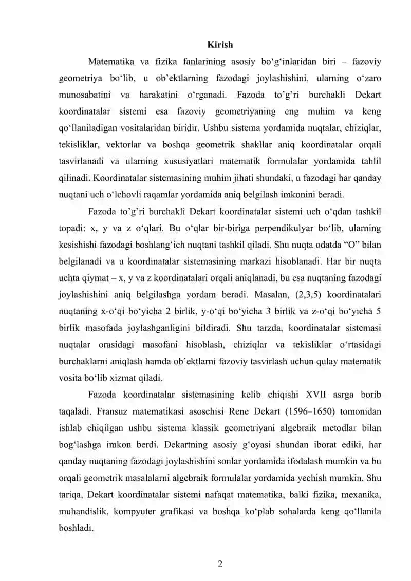 Fazoda to’g’ri burchakli Dekart Koordinatalar Sistemi 2