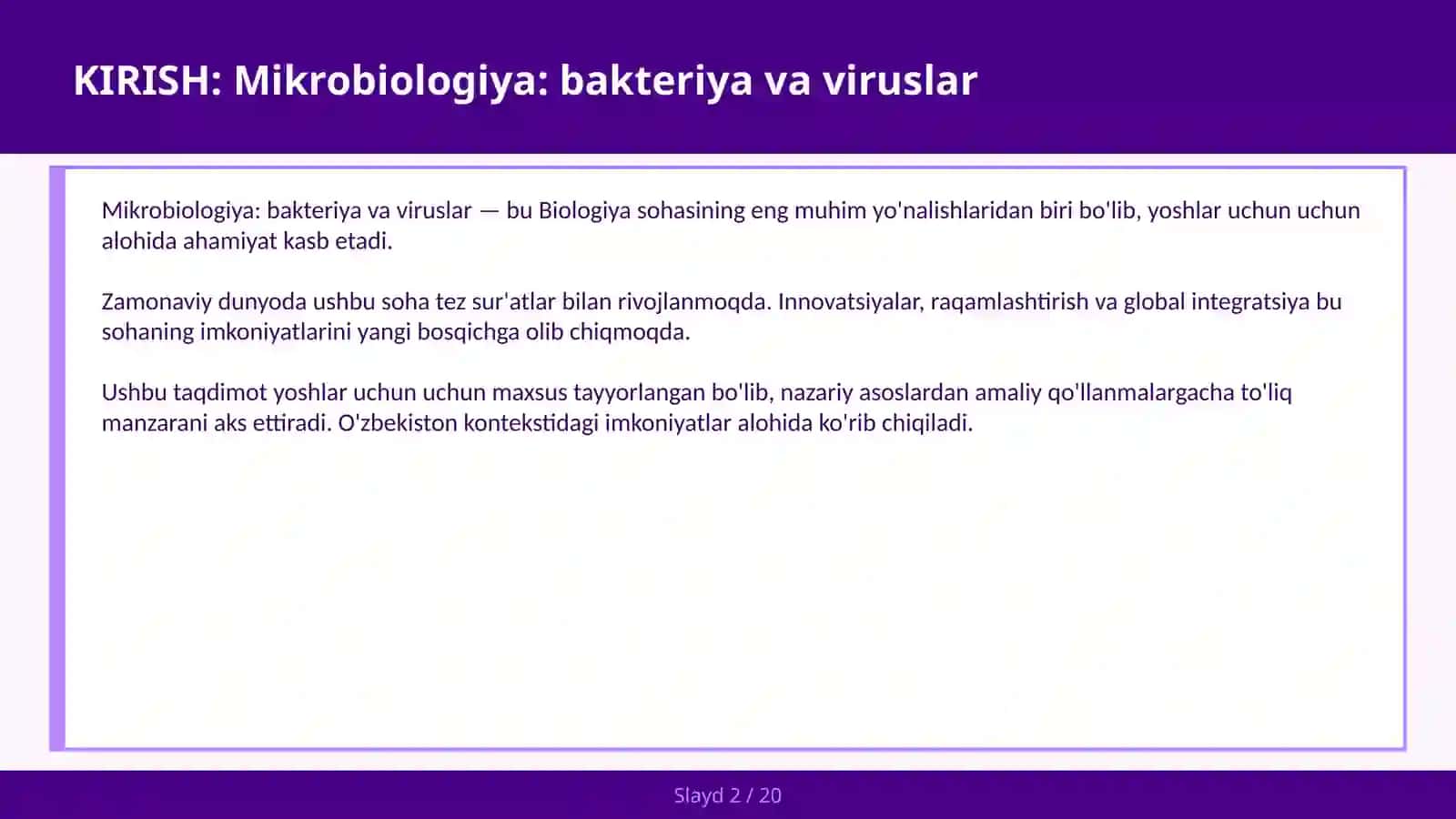 MIKROBIOLOGIYA: BAKTERIYA VA VIRUSLAR 2