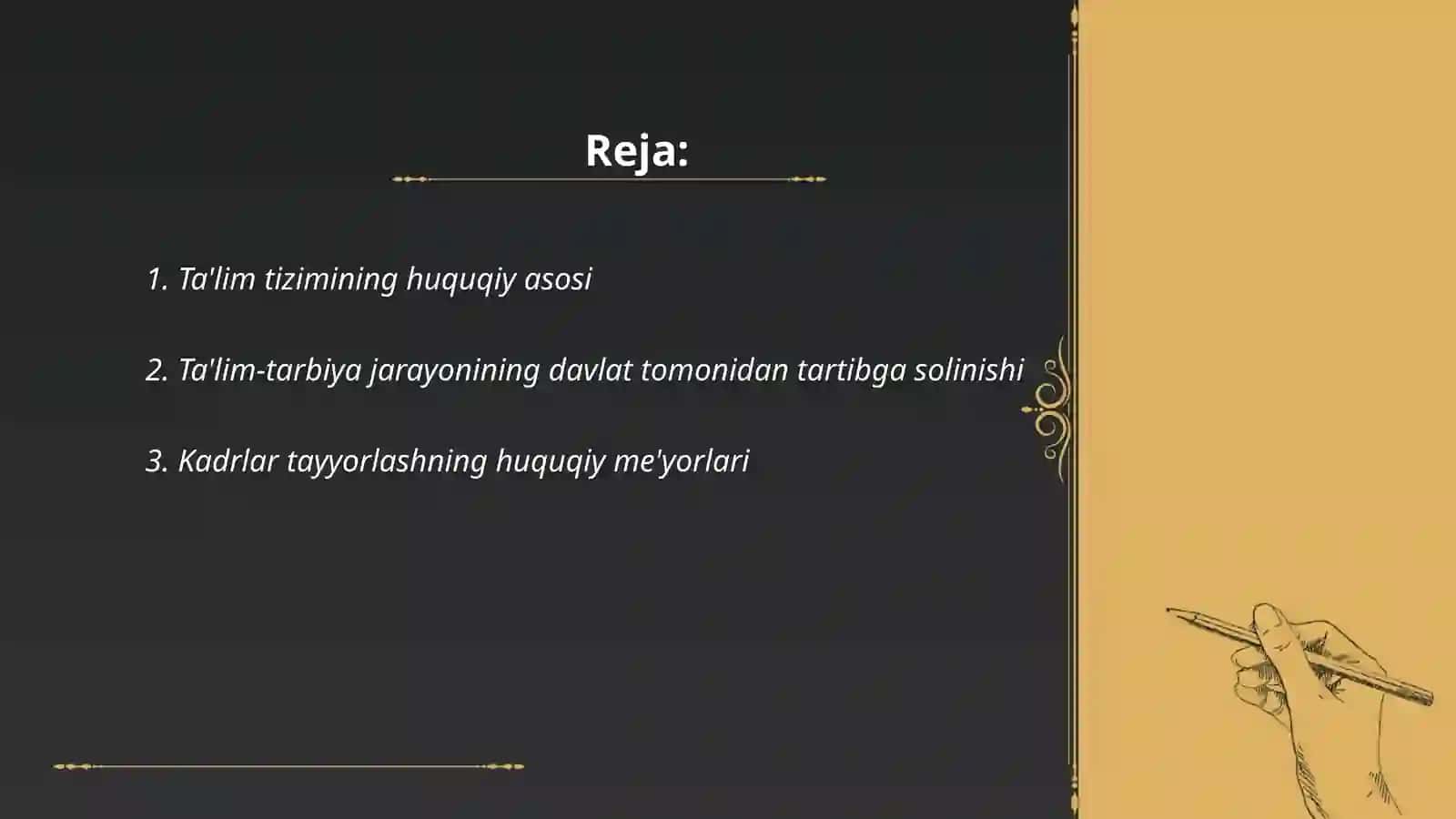 Ta'lim tõğrisidagi qonun respublikamizda ta'lim-tarbiyani tashkil etish va kadrlar tayyorlashning huquqiy asosi sifatida 2