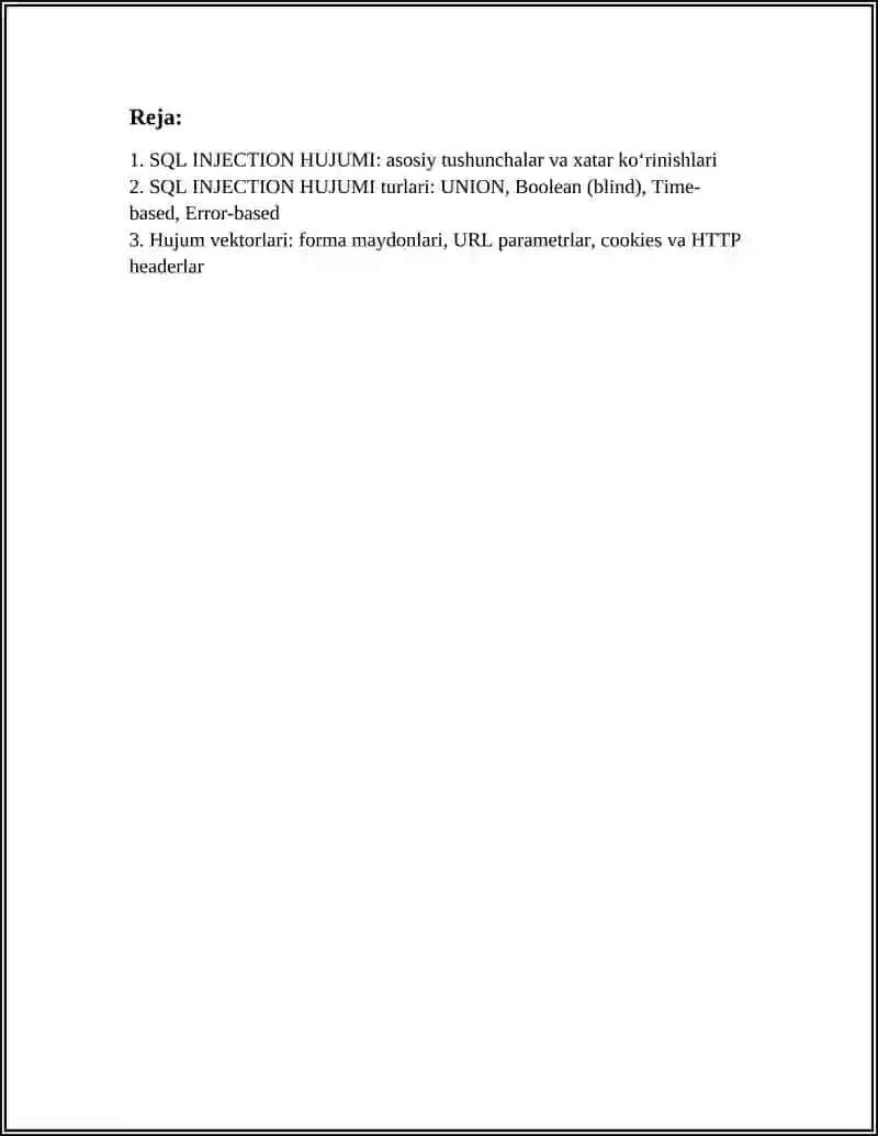 SQL INJECTION HUJUMI: TAHLIL, ANIQLASH VA BARTARAF ETISH 2