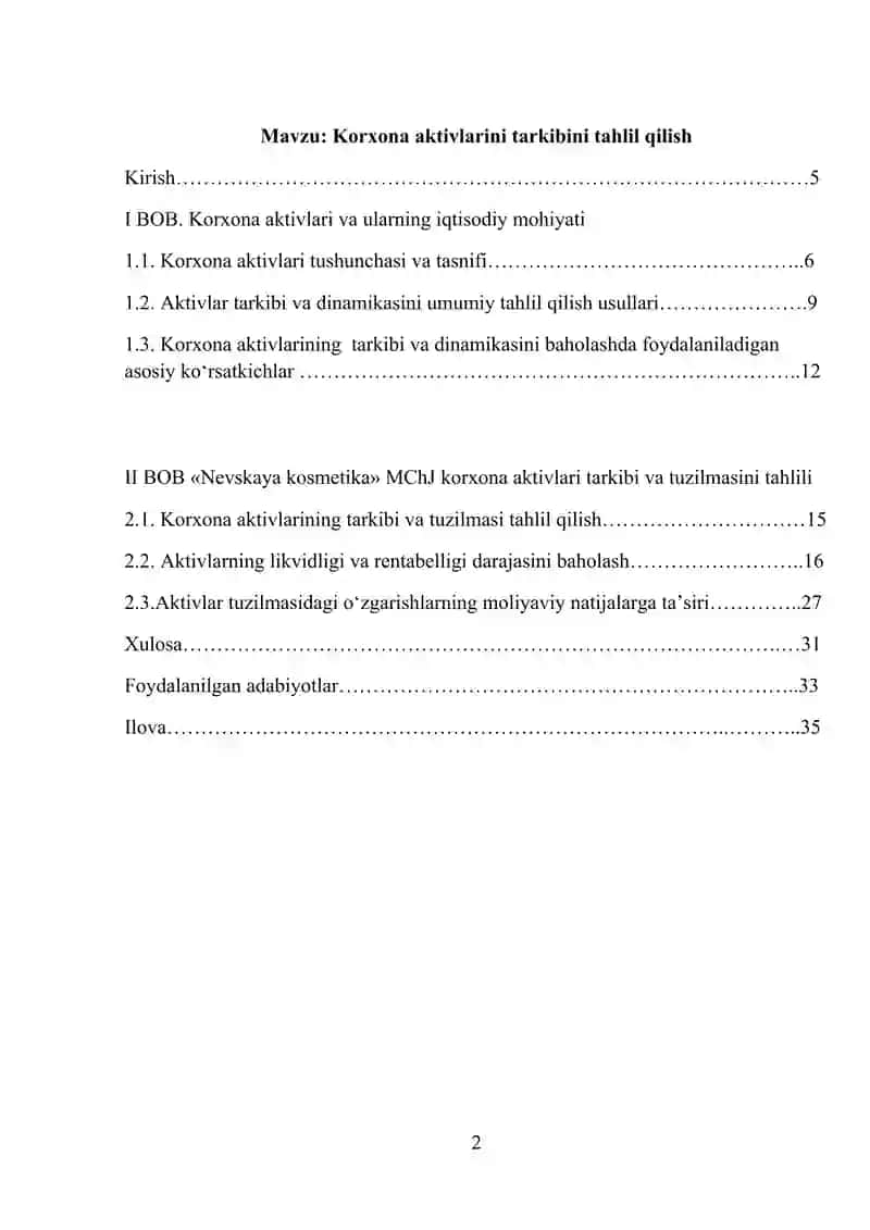 "Korxona aktivlarini tarkibini tahlil qilish" 2