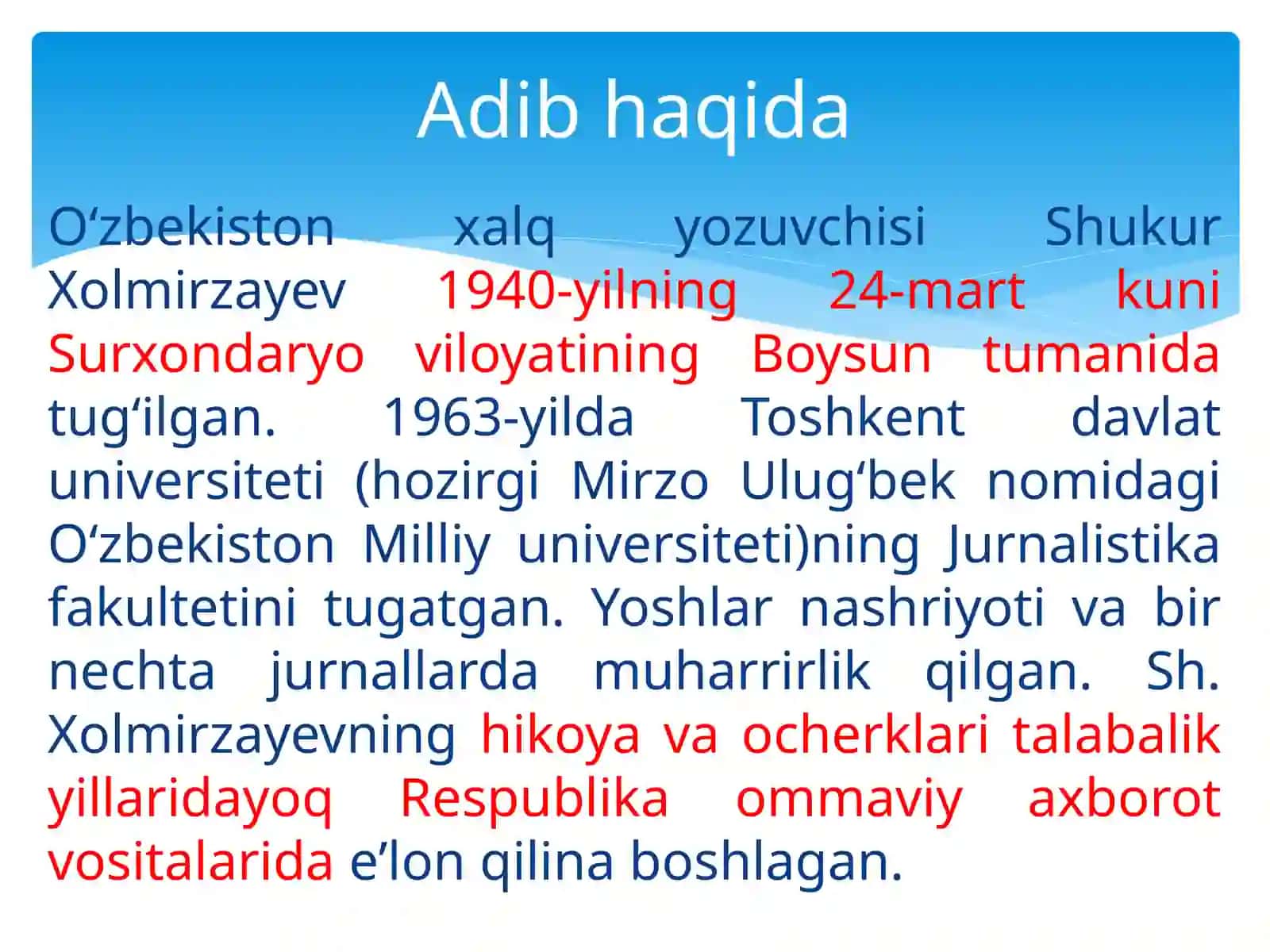 Shukur  Xolmirzayev  hayoti  va  ijodi.  Hikoyalari 2