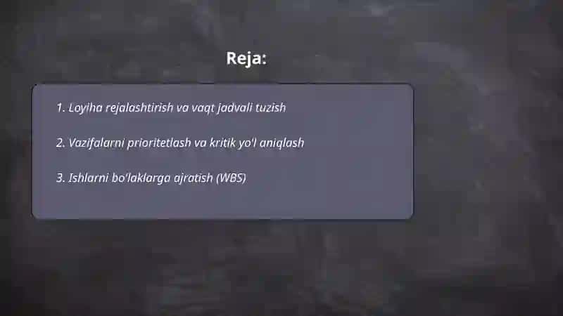 Loyihalar bilan ishlash: Time menejment 2