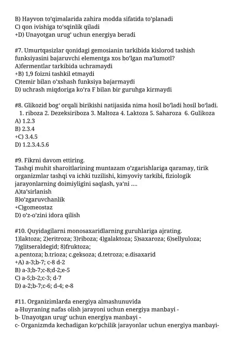 Biologiyadan test savollari 2
