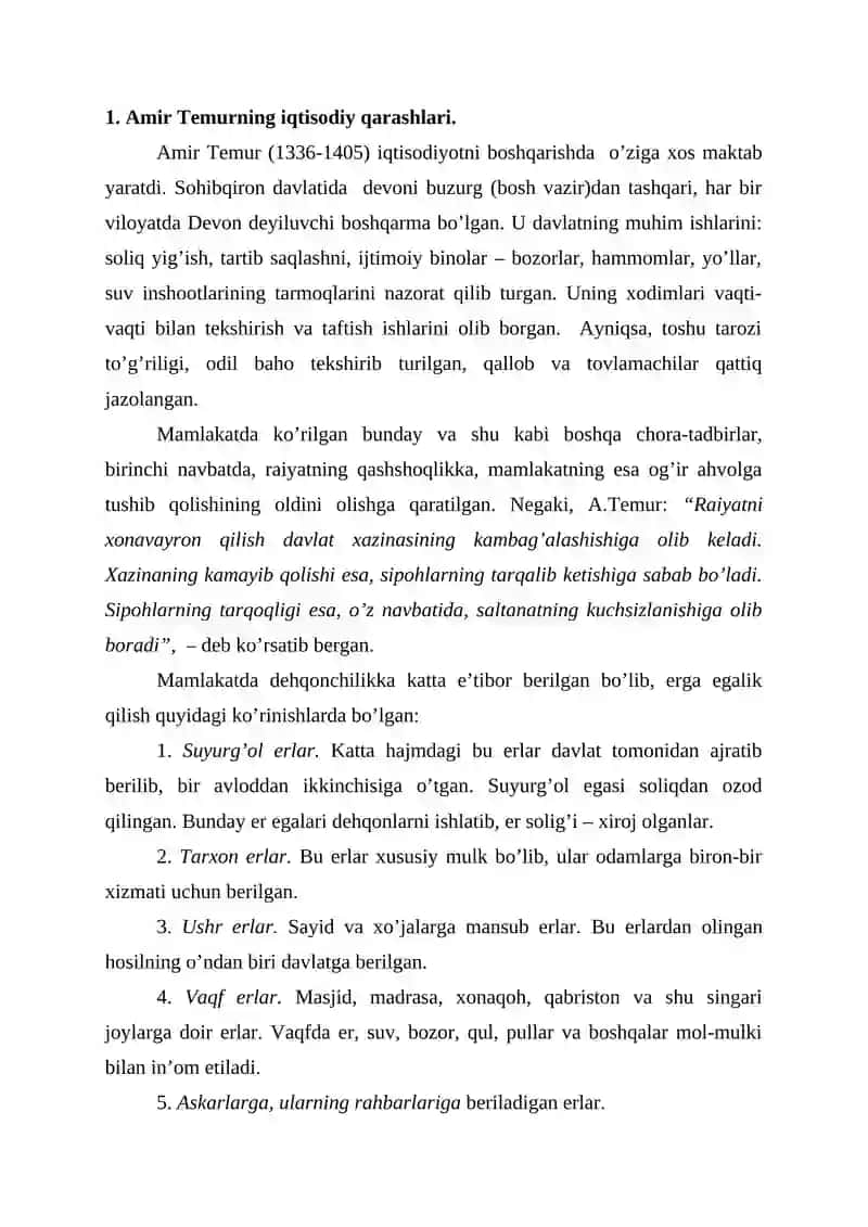 AMIR TEMUR VA TEMURIYLAR DAVRIDAGI IQTISODIY G’OYALAR 2
