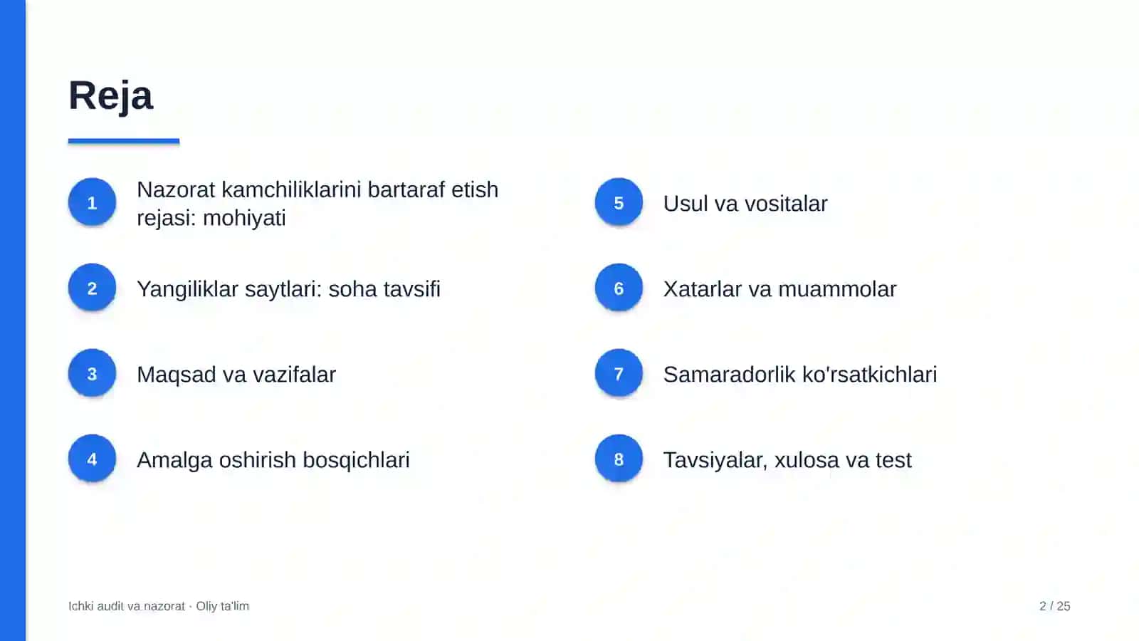 Yangiliklar saytlarida nazorat kamchiliklarini bartaraf etish rejasini ishlab chiqish 2