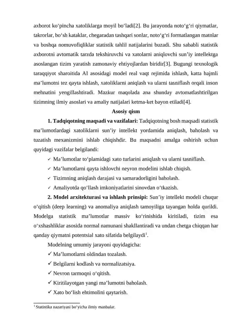 Sunʼiy intellekt yordamida statistik xatolarni avtomatik aniqlash modeli 2