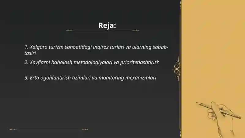 Xalqaro turizm sanoati inqiroziga javob berish va xavflarni boshqarish strategiyasi hisoboti 2