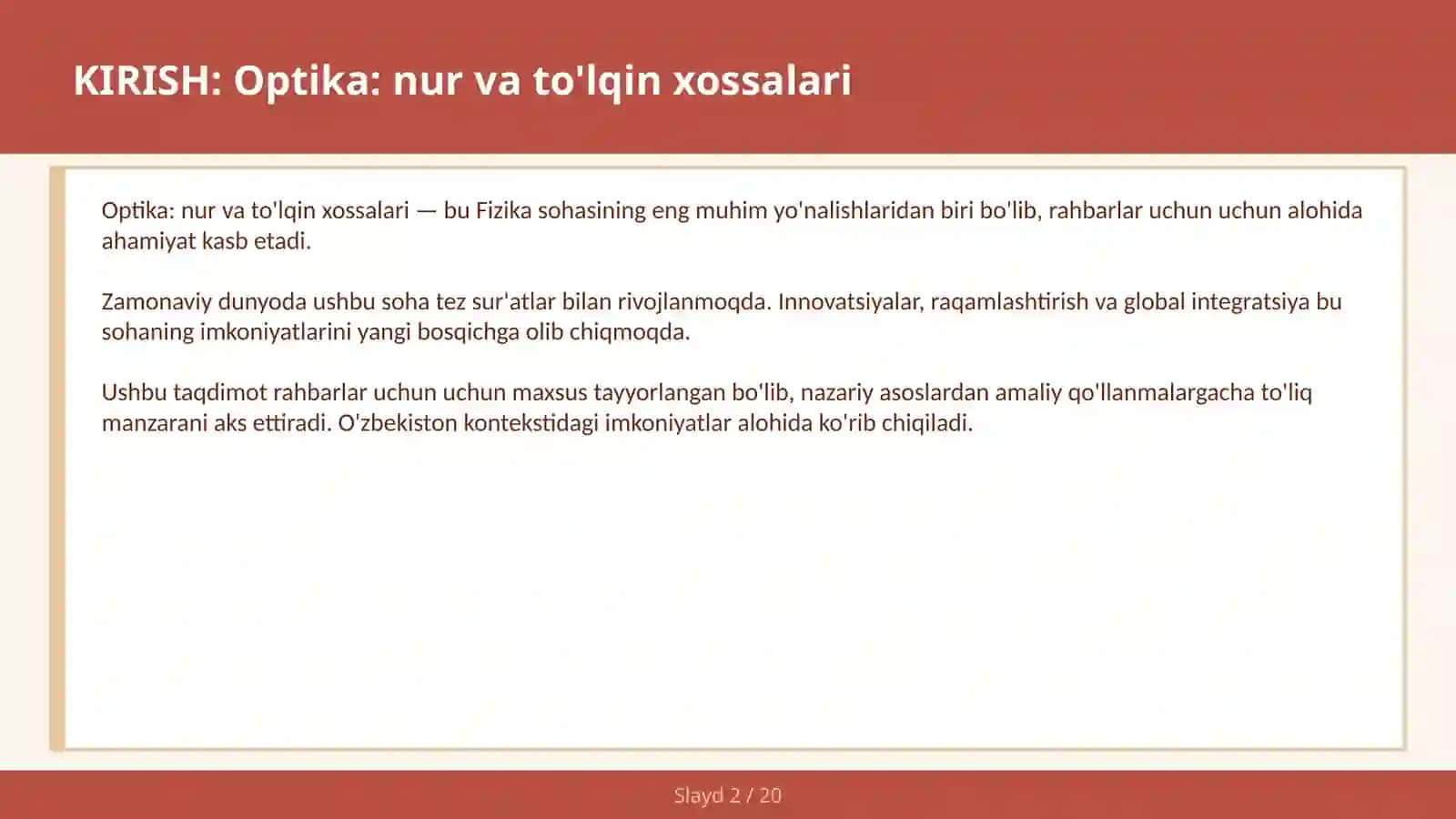 Optika: nur va to'lqin xossalari 2