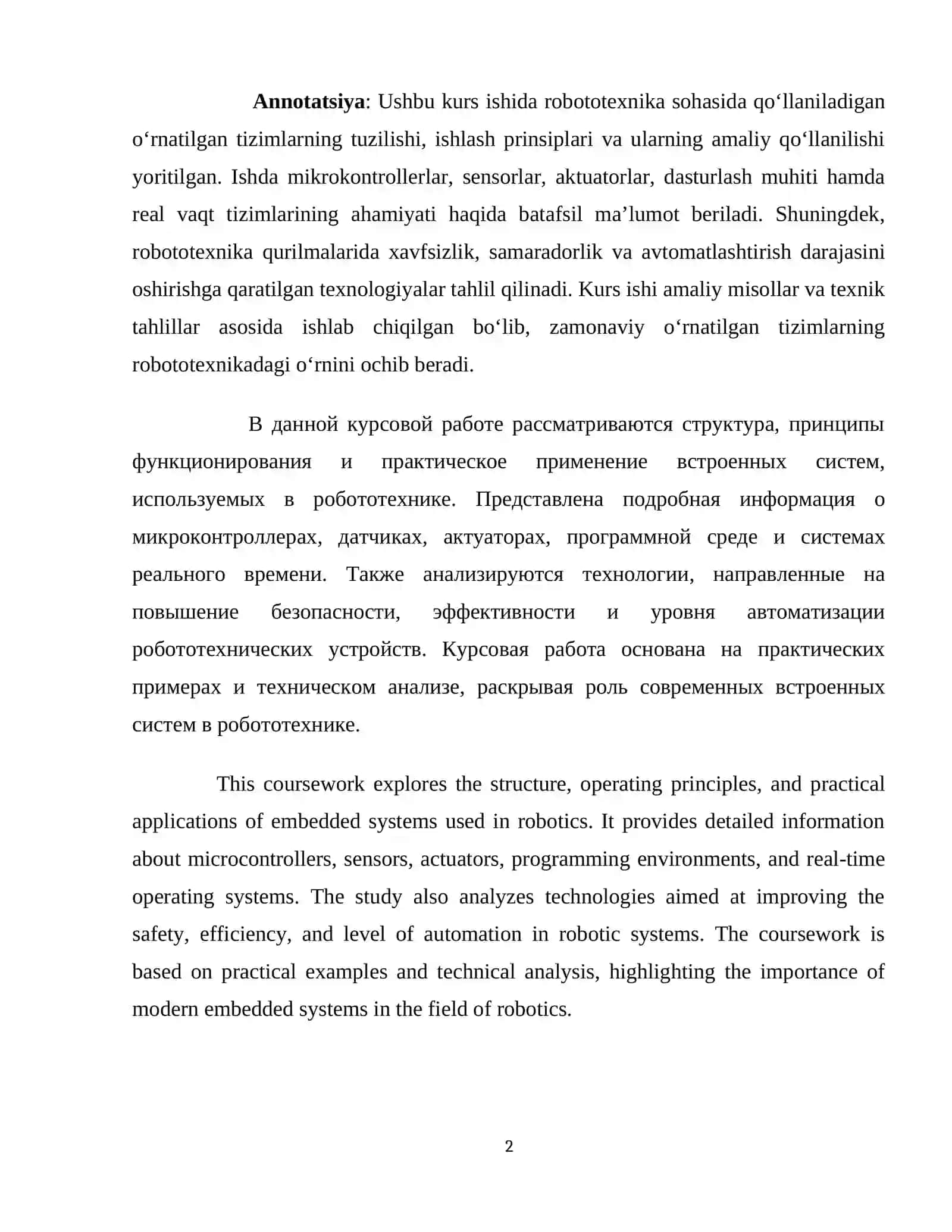 ROBOTOTEXNIKA SOHASIDA O‘RNATILGAN TIZIMLAR KURS ISHI 2